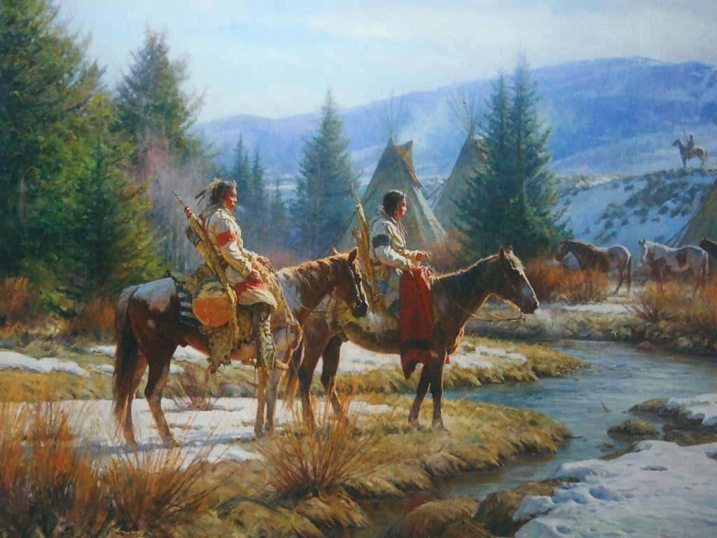 Native American, horses, snowy stream, SD Desktop Wallpaper