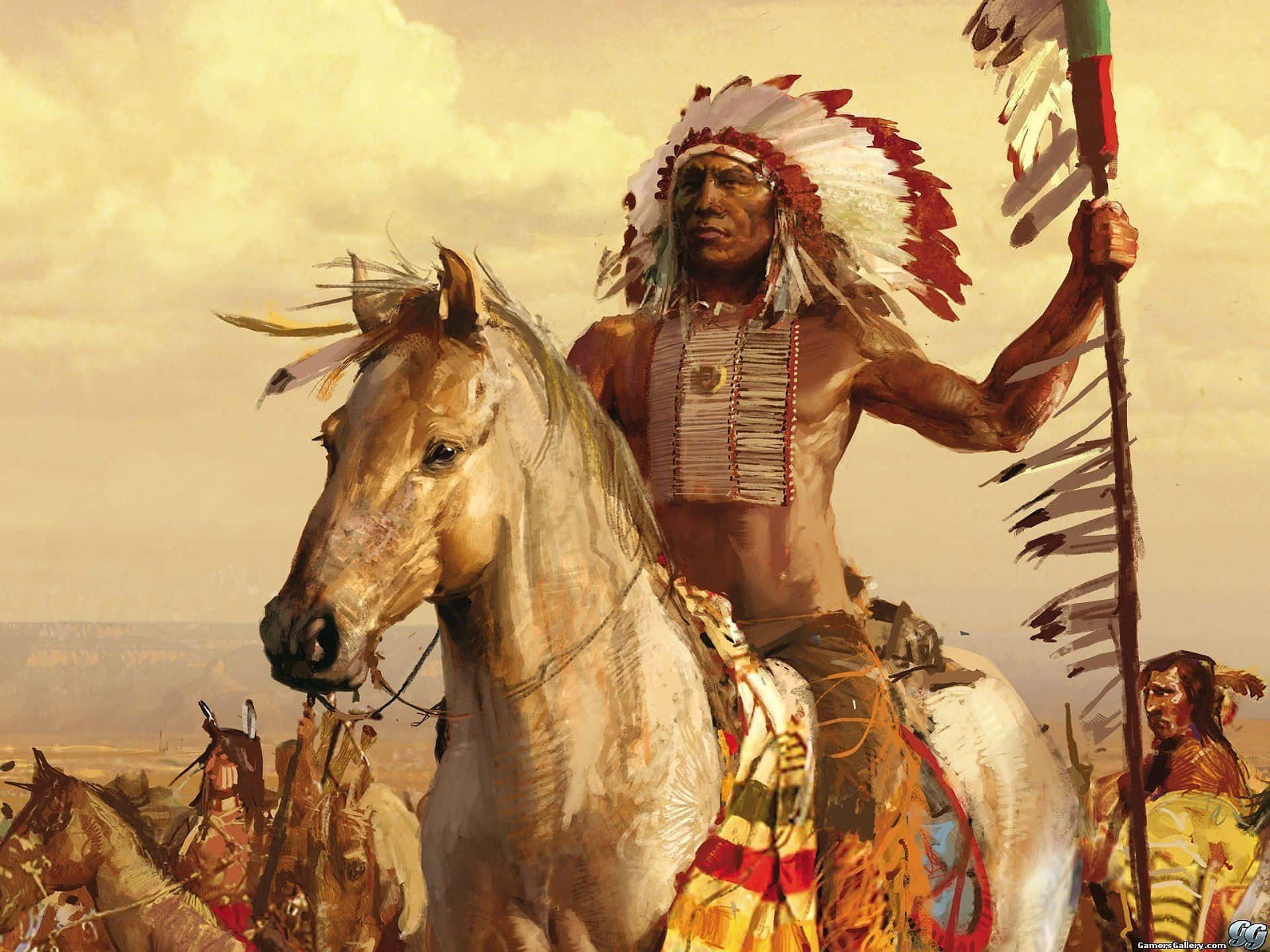 Native American, feathered headdress, white horse, Full HD Desktop Wallpaper