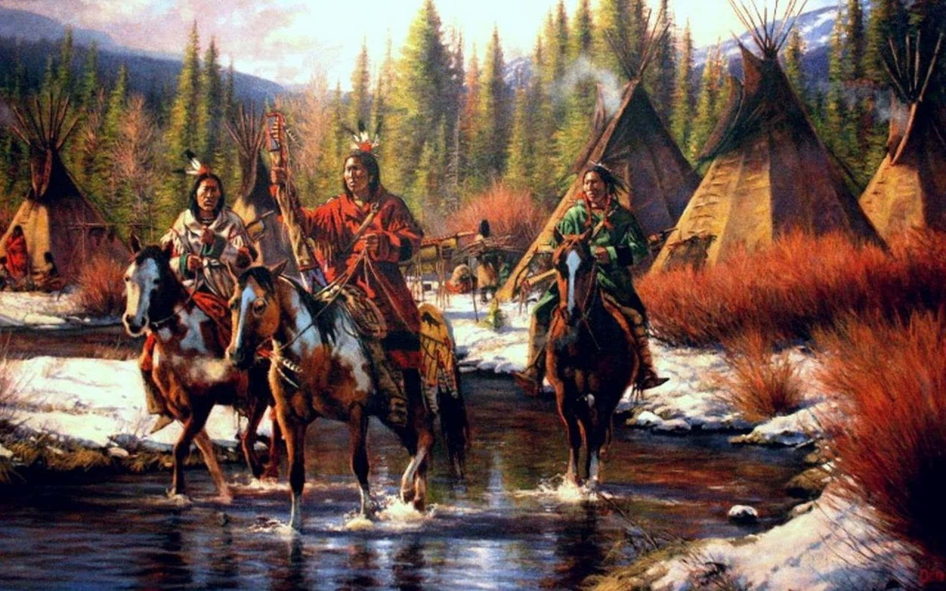 Native American, horseback, snowy stream, Full HD Desktop Wallpaper