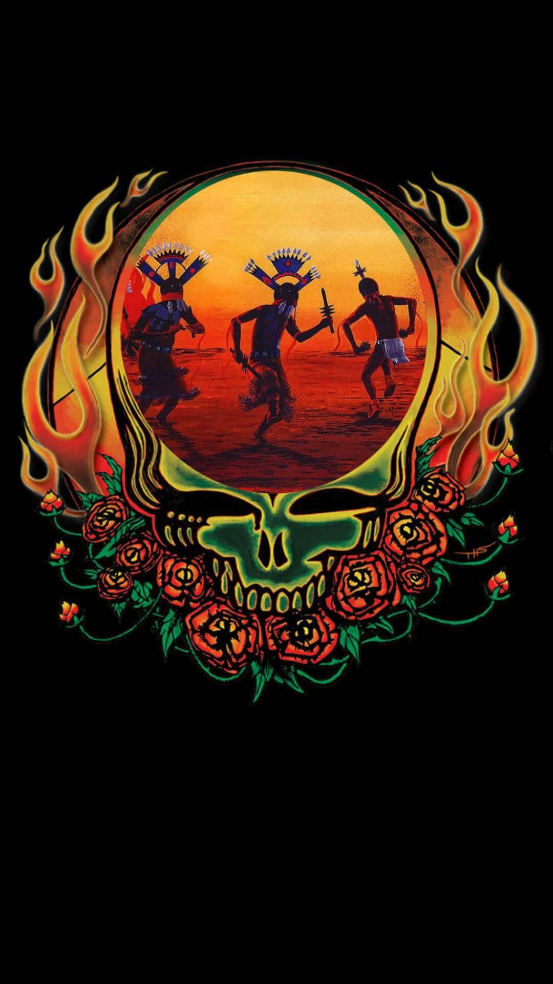 psychedelic skull, roses, flames, Full HD Phone Wallpaper