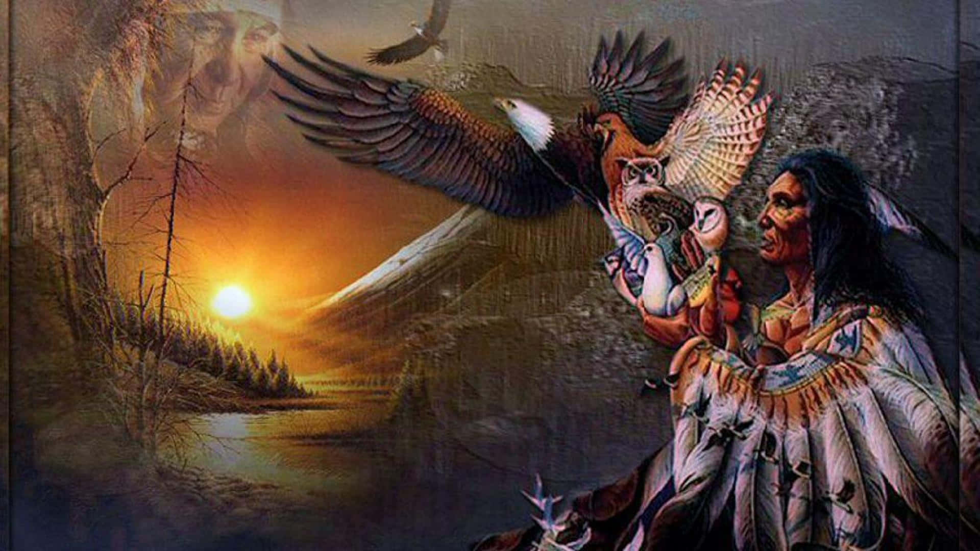Native American, eagle, sunset, Full HD Desktop Wallpaper