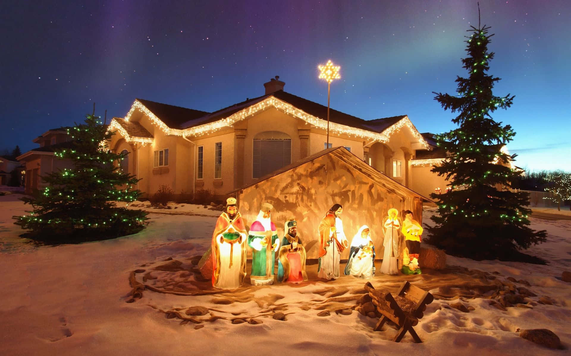 Nativity Scene, glowing nativity scene, colorful figurines, Full HD Desktop Wallpaper