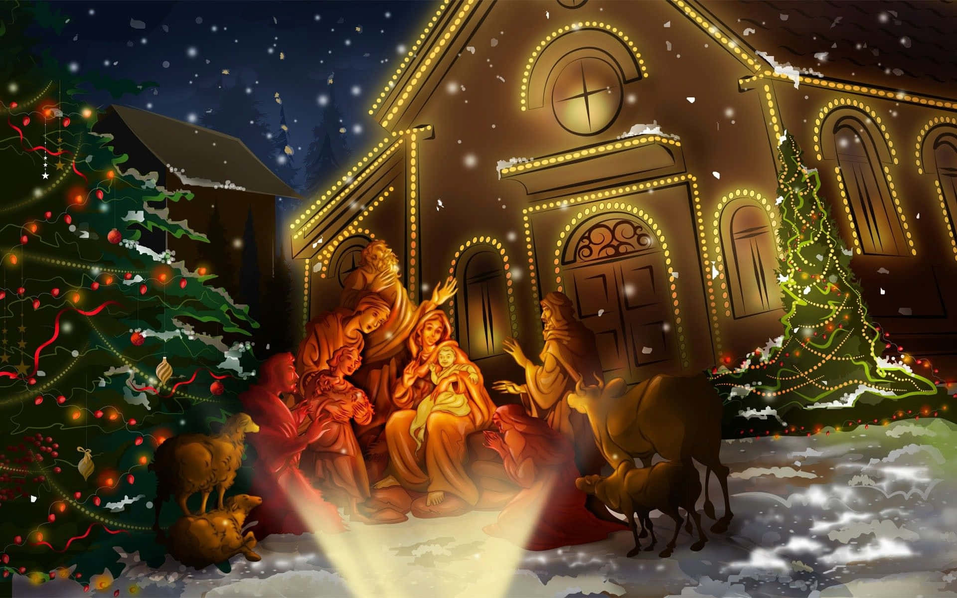 Christmas Nativity House Tree, glowing nativity scene, snowfall, Full HD Desktop Wallpaper