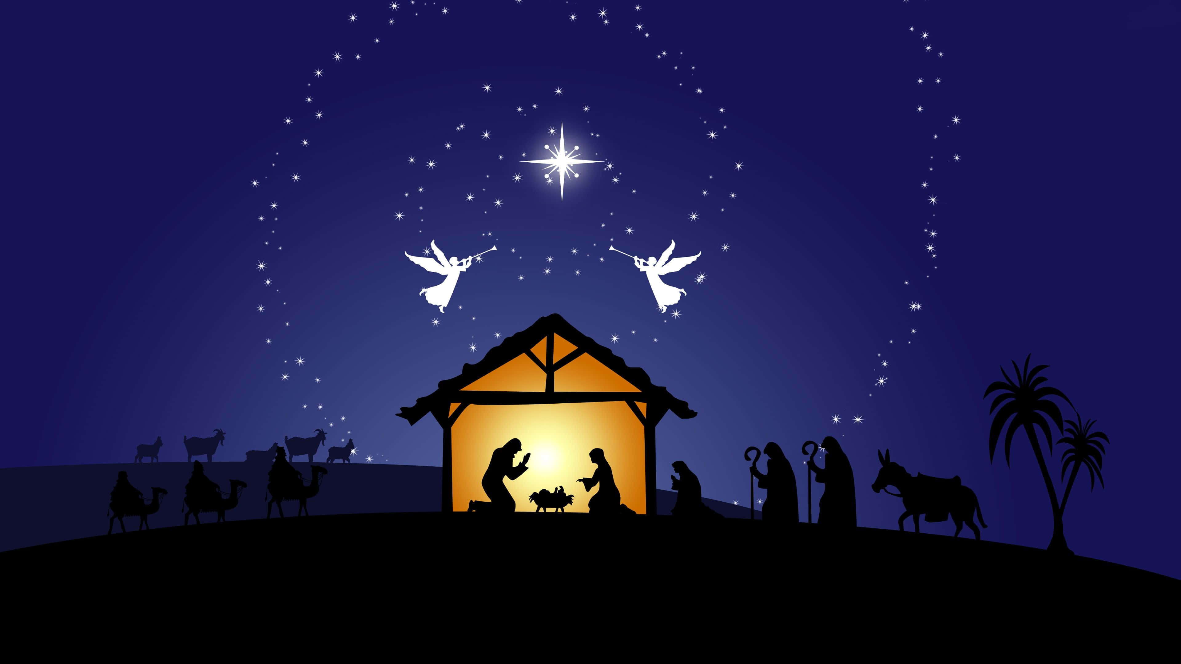 Nativity Scene, starry night sky, angels, 4K Desktop Wallpaper