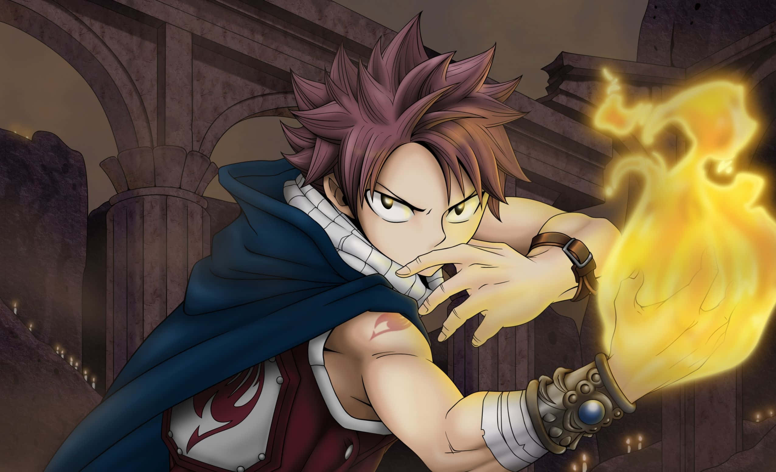 Natsu Dragneel, blue cloak, fiery magic, Full HD Desktop Wallpaper