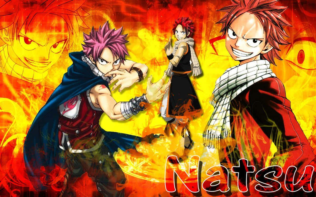 Natsu Dragneel, fiery action pose, flames erupting around him, SD Desktop Wallpaper