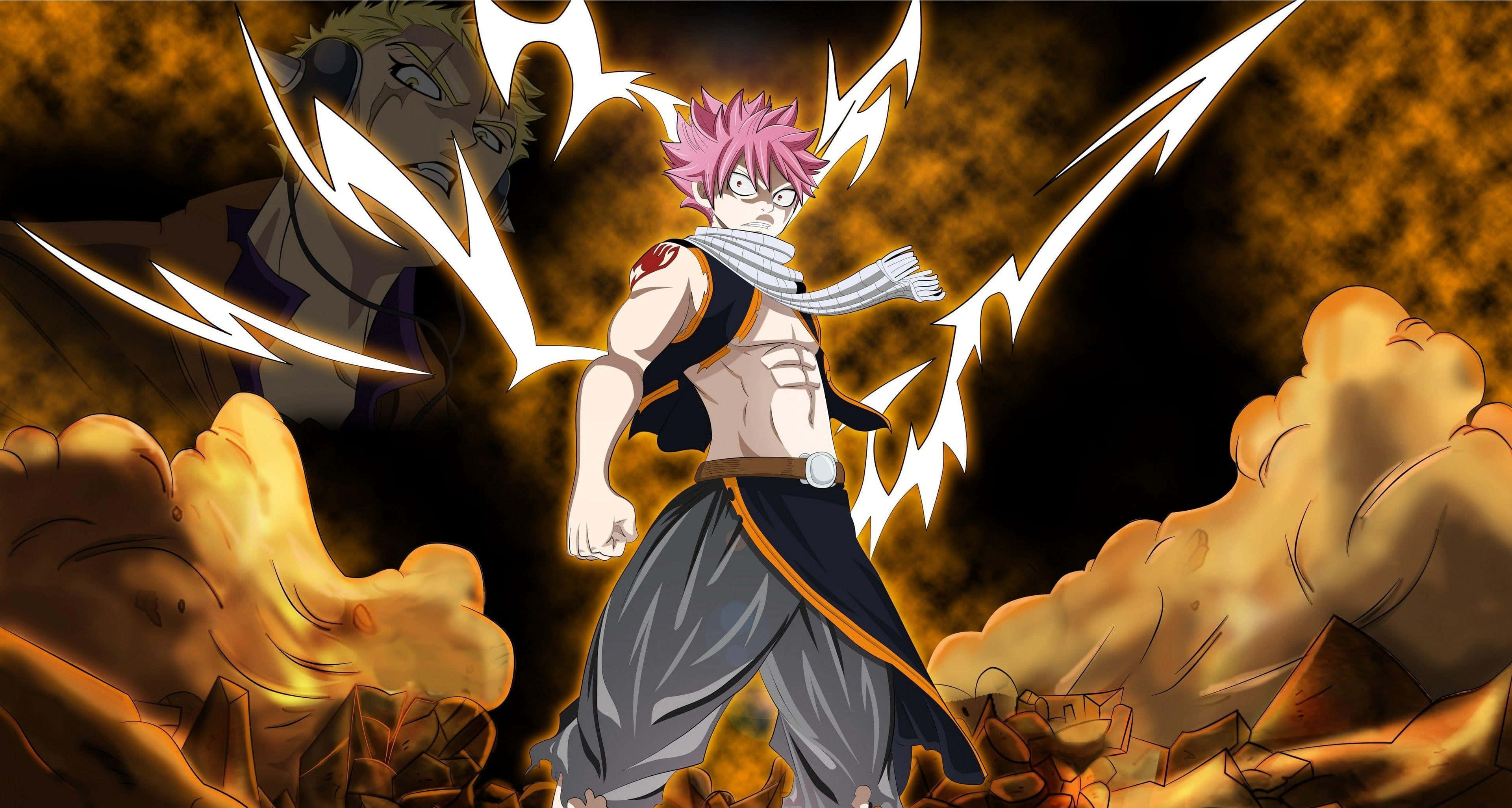 Natsu Dragneel, pink-haired anime warrior, fiery explosions, 4K Desktop Wallpaper