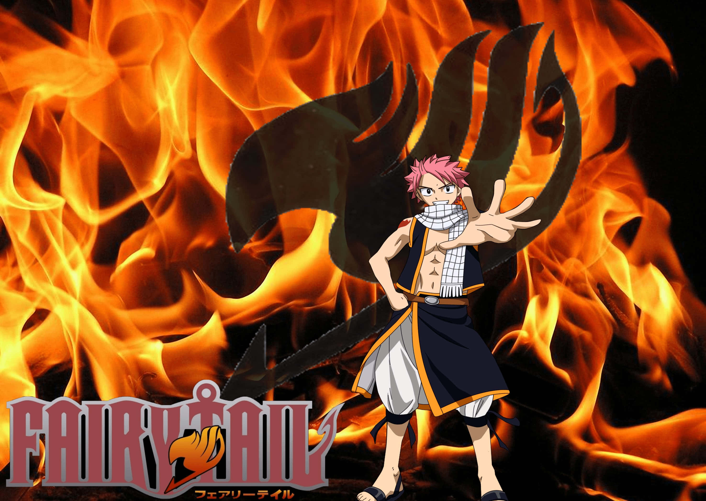 Natsu Dragneel, pink-haired anime mage, roaring orange flames, 2K Desktop Wallpaper