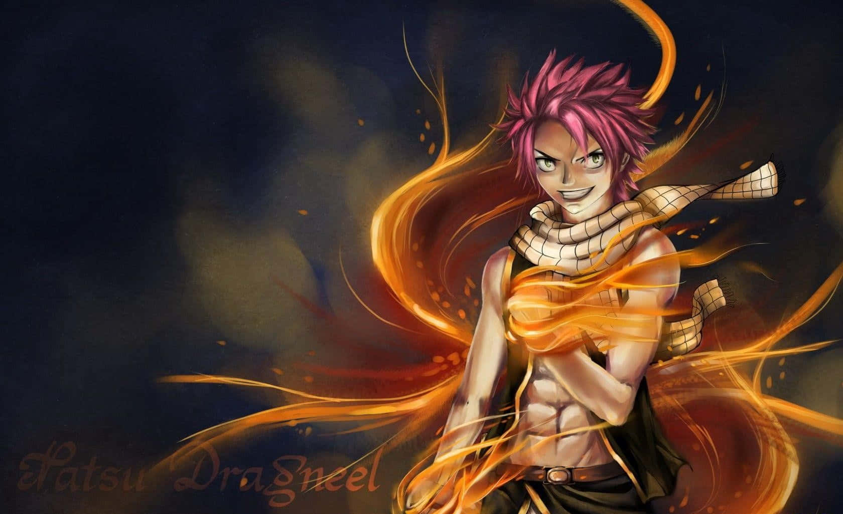 Natsu Dragneel, fiery-haired anime warrior, glowing orange energy swirls, HD Desktop Wallpaper