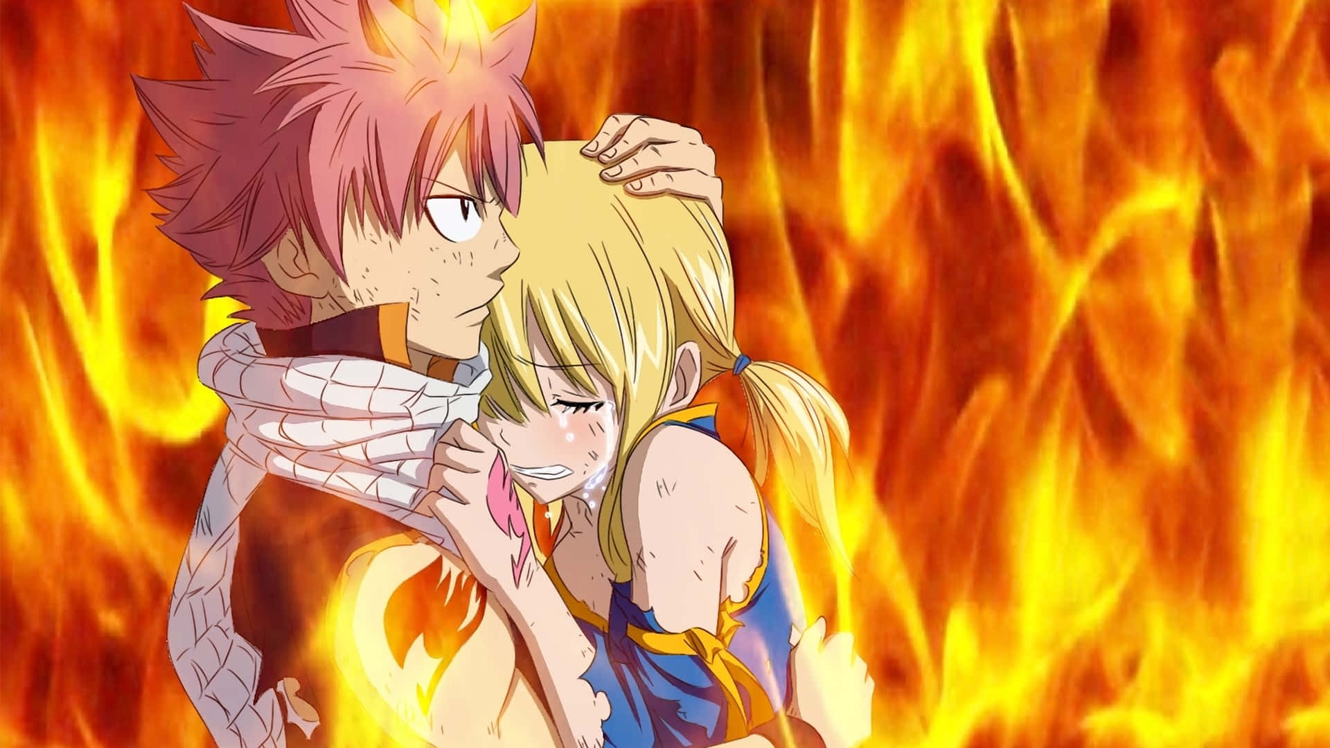 Natsu Dragneel, pink-haired anime boy, crying blonde girl, Full HD Desktop Wallpaper