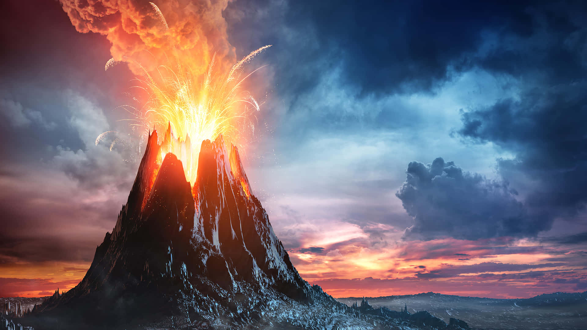 volcanic eruption, twilight, snowcapped volcano, Full HD Desktop Wallpaper