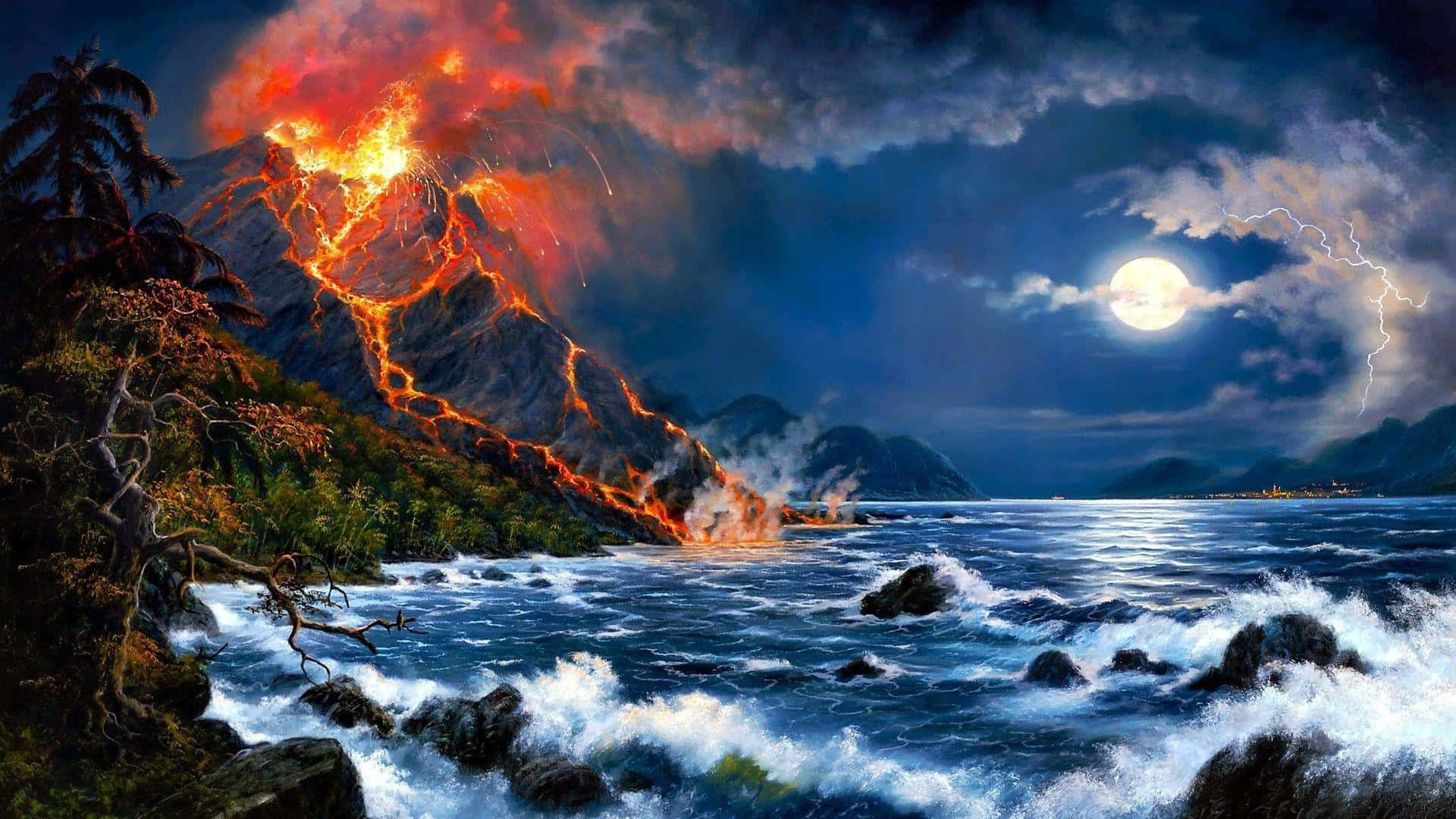 volcanic eruption, stormy seascape, glowing lava, Full HD Desktop Wallpaper