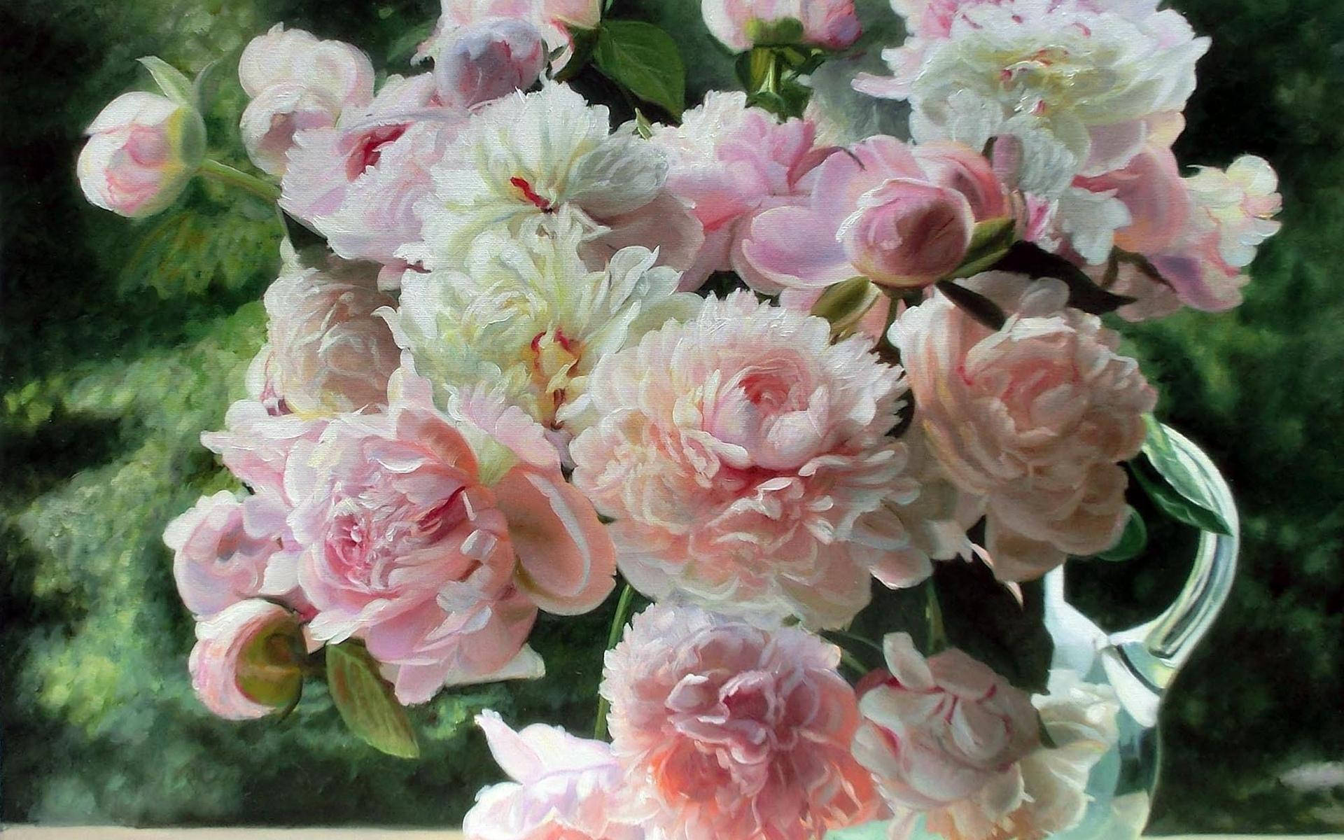 pink peony flowers, soft pink and white peonies, clear glass vase, Full HD Desktop Wallpaper