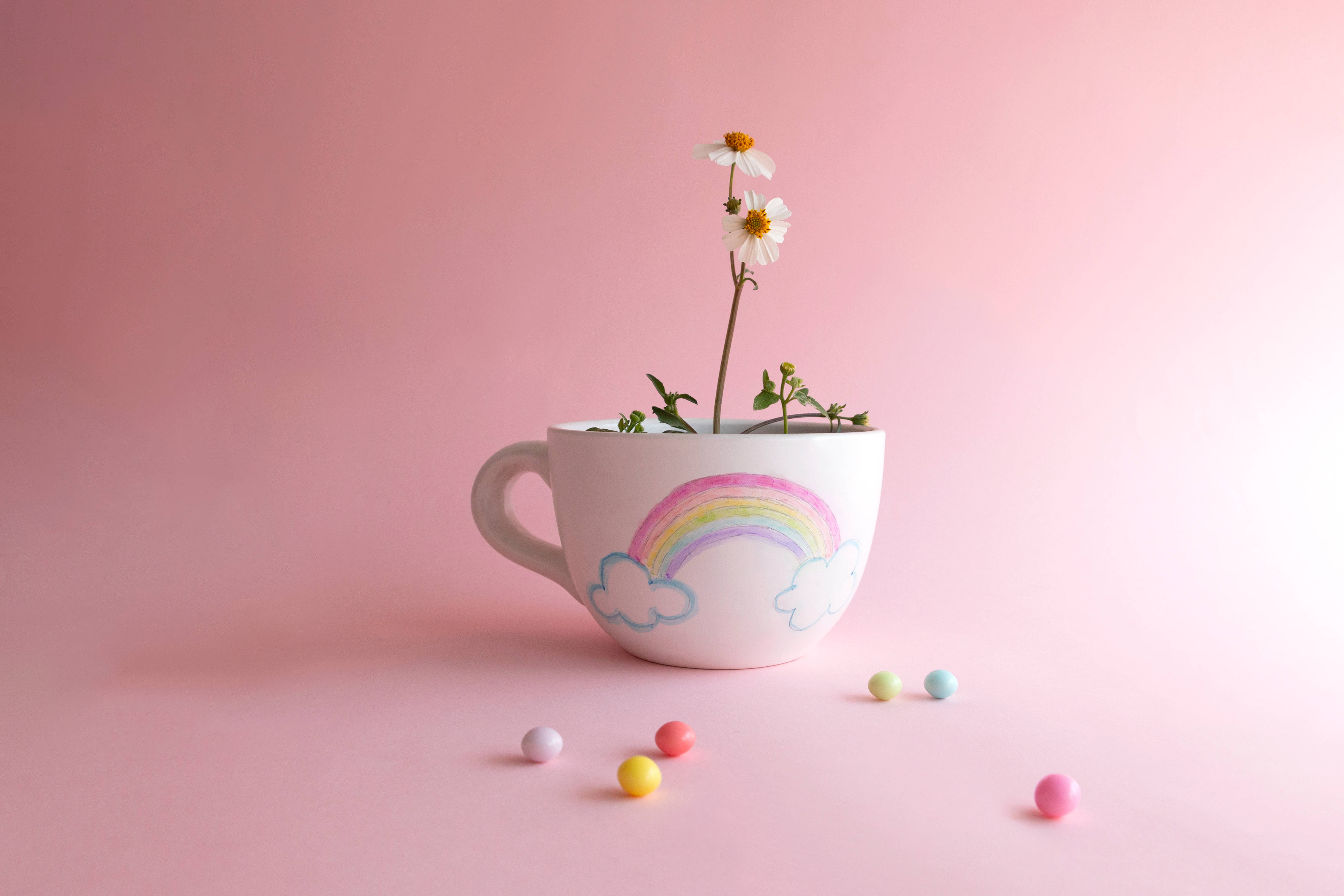 white ceramic mug, hand-painted rainbow, clouds, 4K Desktop Wallpaper