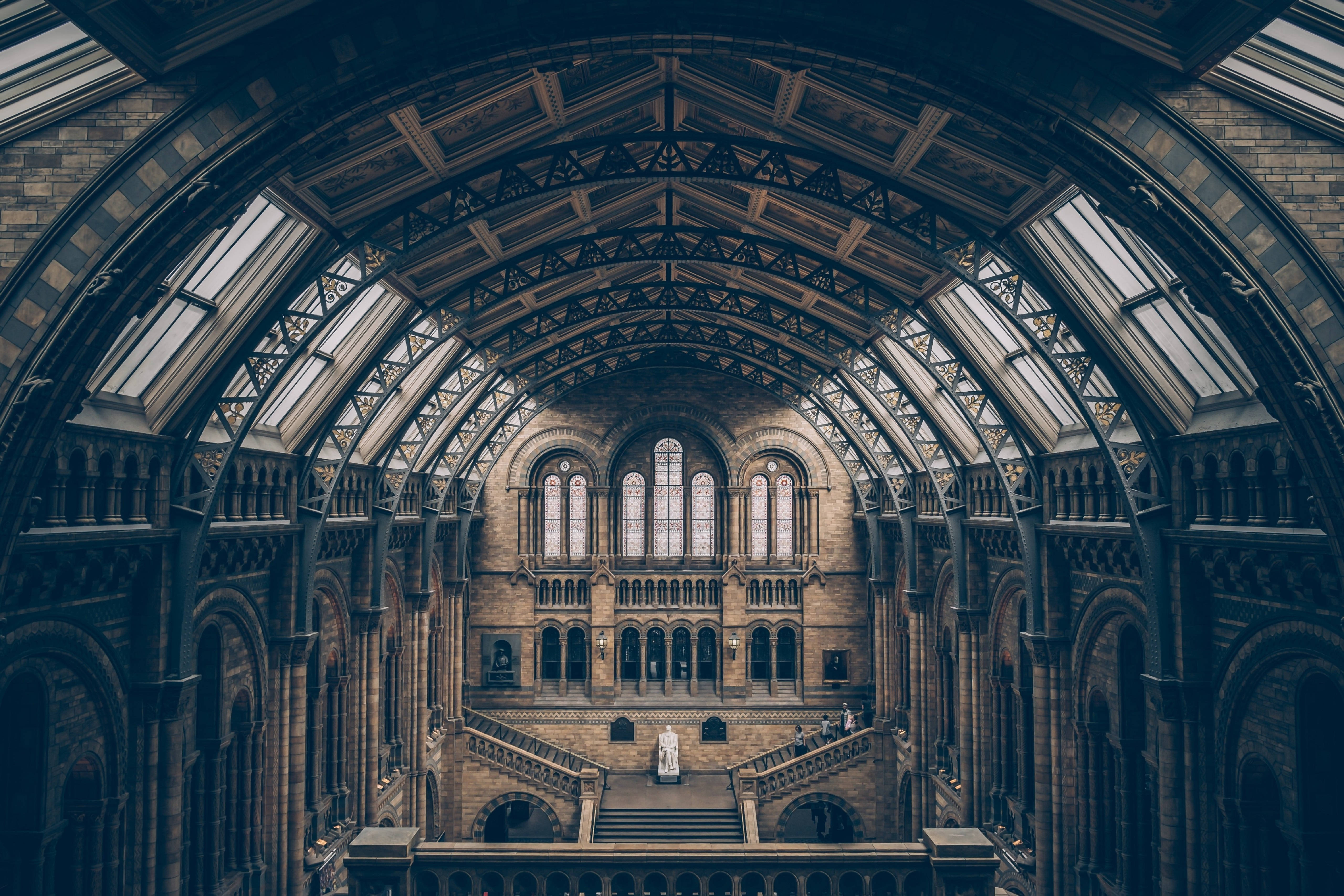 Natural History Museum, arched interior, intricate ironwork, 5K Desktop Wallpaper