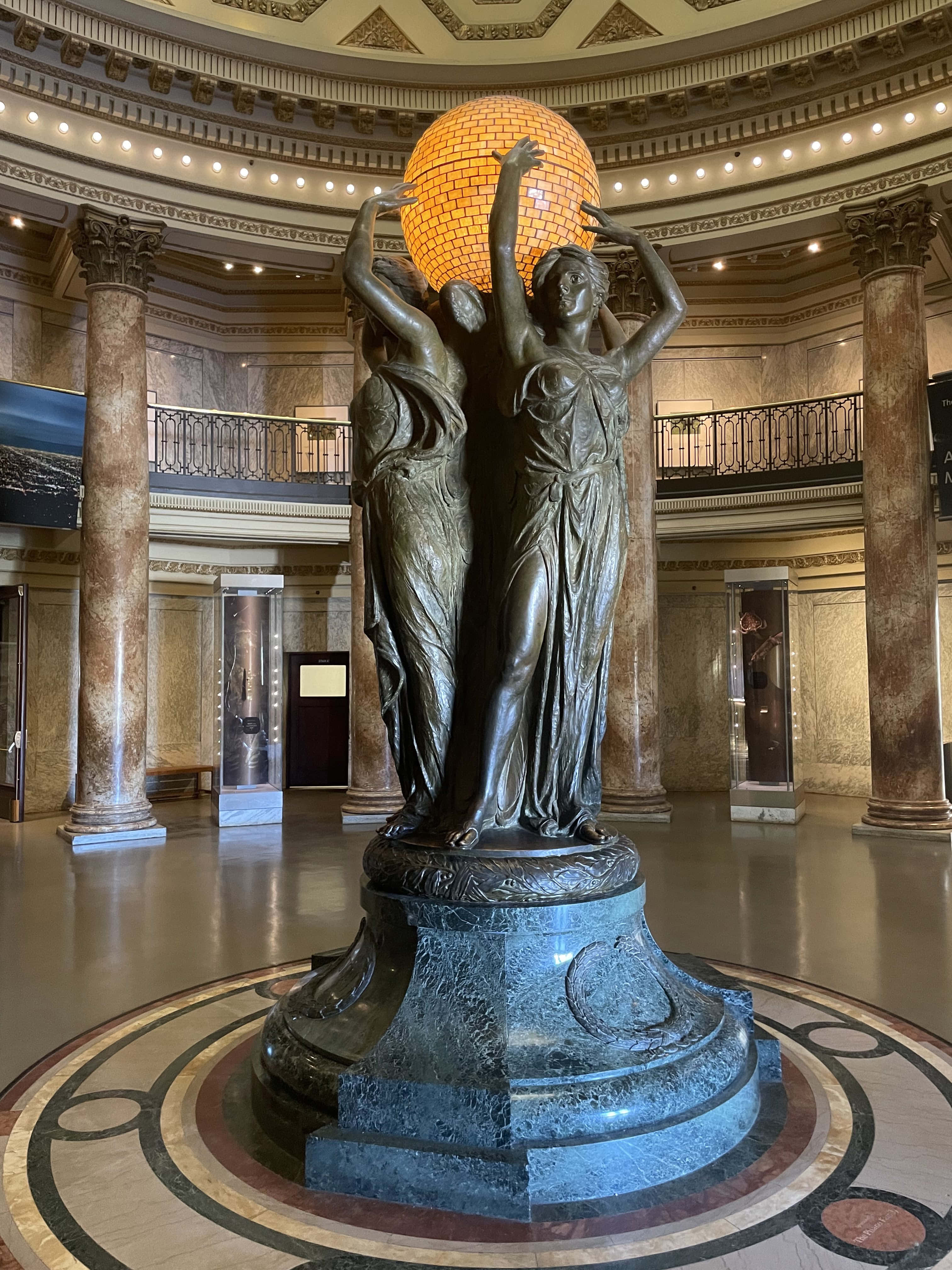 Bronze statue, globe, Natural History Museum L A, 4K Phone Wallpaper
