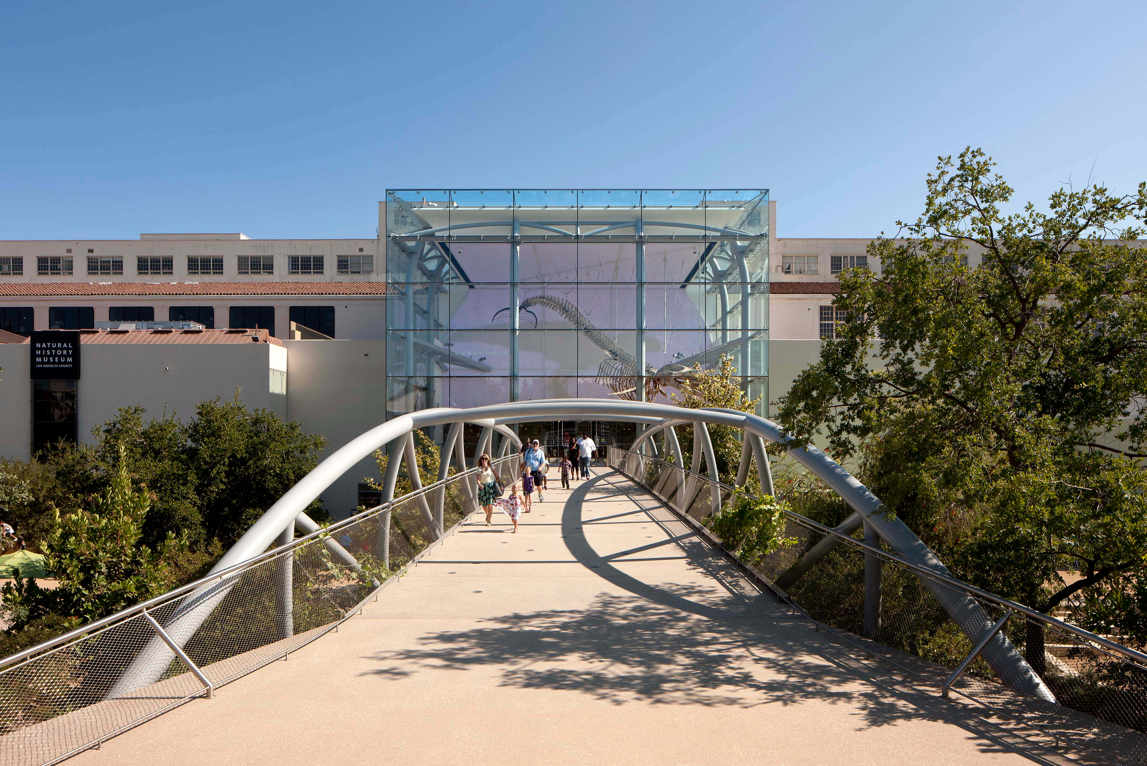 Natural History Museum Los Angeles, pedestrian bridge, glass-encased dinosaur skeleton, 4K Desktop Wallpaper