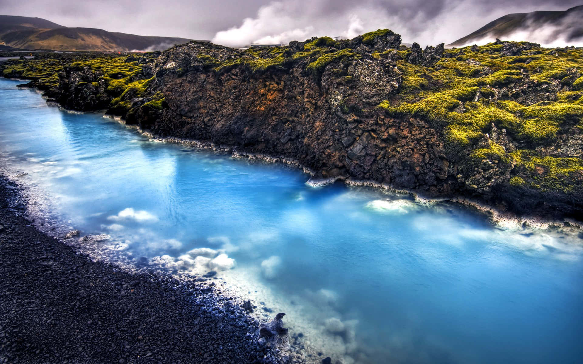 blue hot spring pools, dark volcanic rock, vibrant green moss, Full HD Desktop Wallpaper