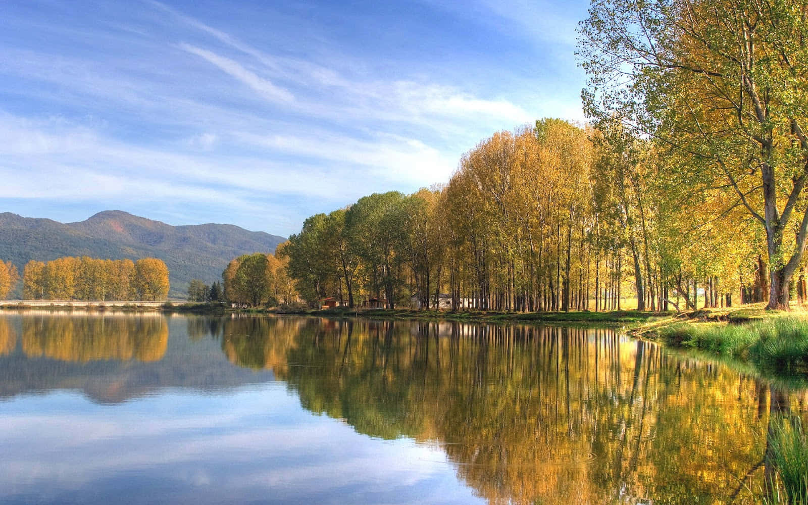 autumn lake, golden trees, distant mountains, HD Desktop Wallpaper