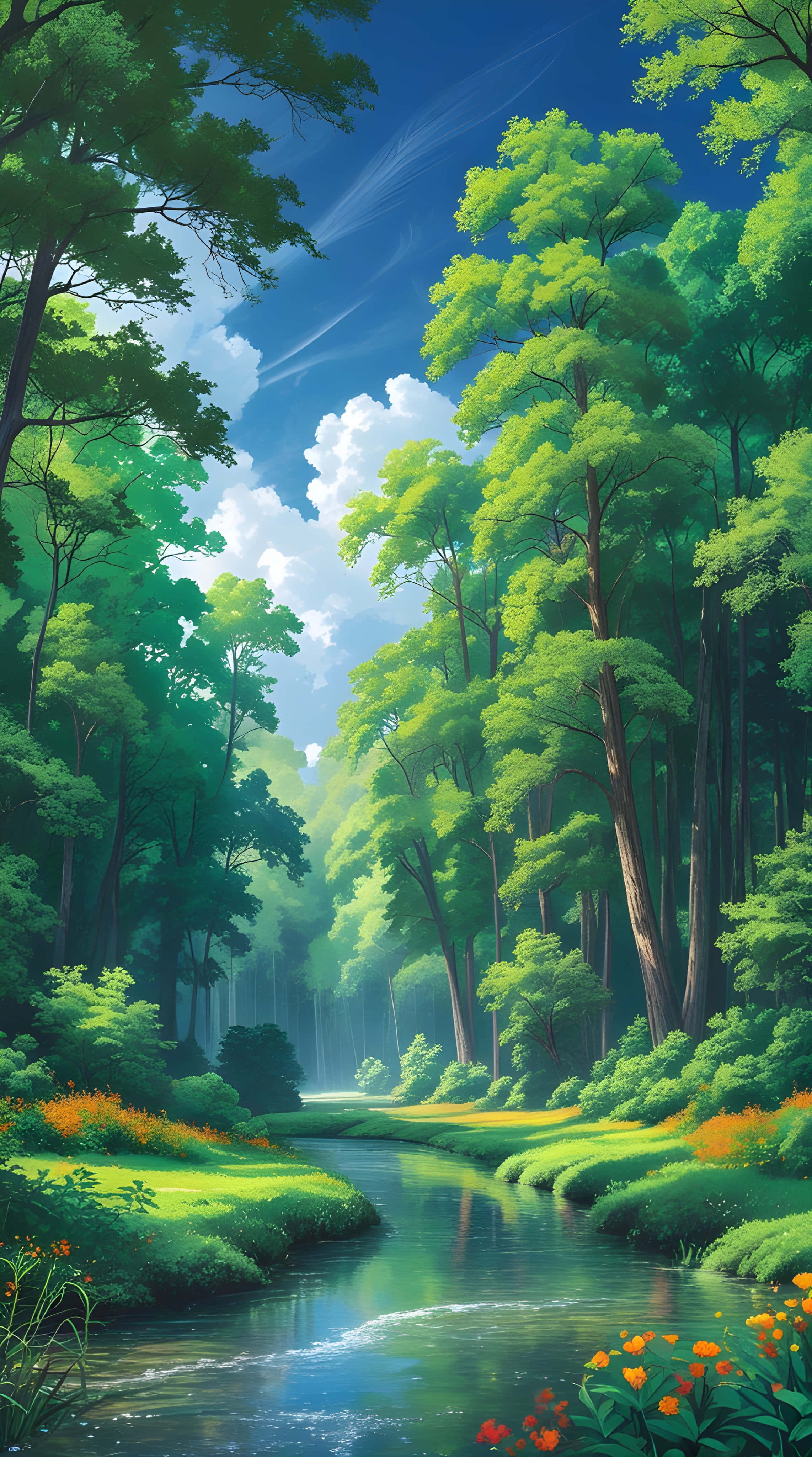 forest stream, lush green trees, bright blue sky, 4K Phone Wallpaper