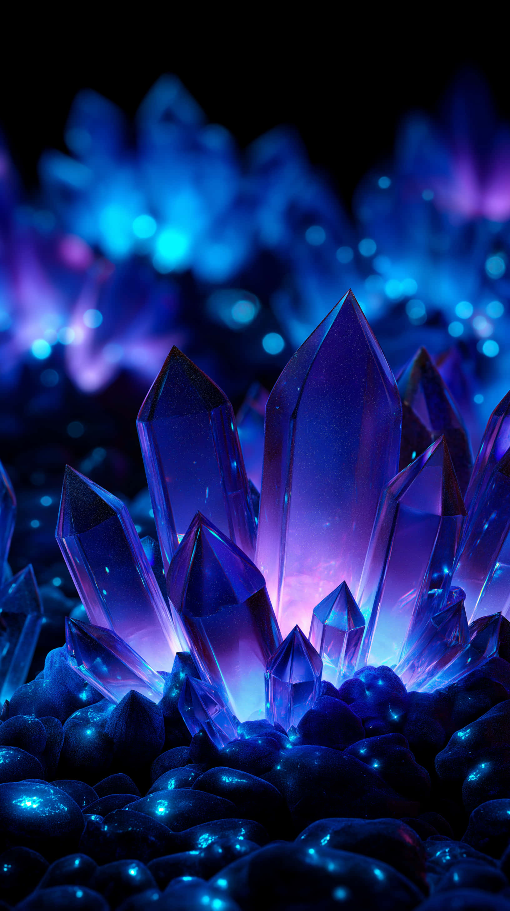 deep amethyst cluster, glowing purple, blue crystal formations, 2K Phone Wallpaper