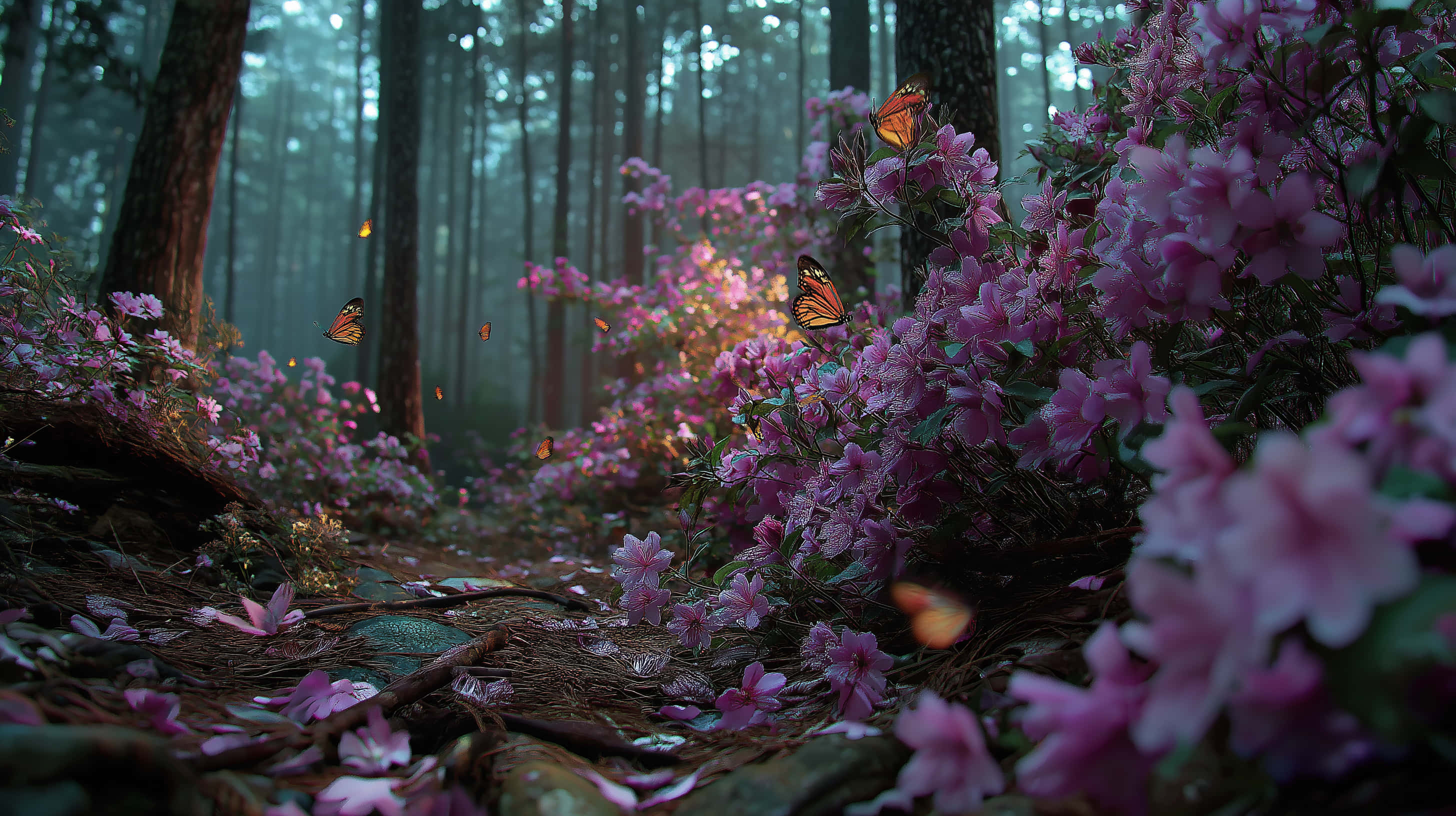 misty forest, pink flowers, forest path, 2K Desktop Wallpaper