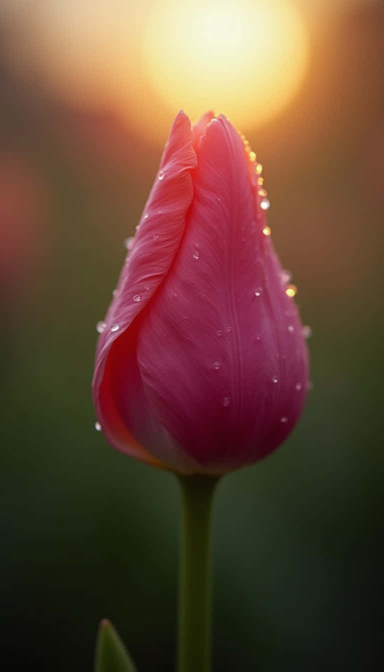pink tulip bud, dewdrops, warm golden sunlit background, HD Phone Wallpaper