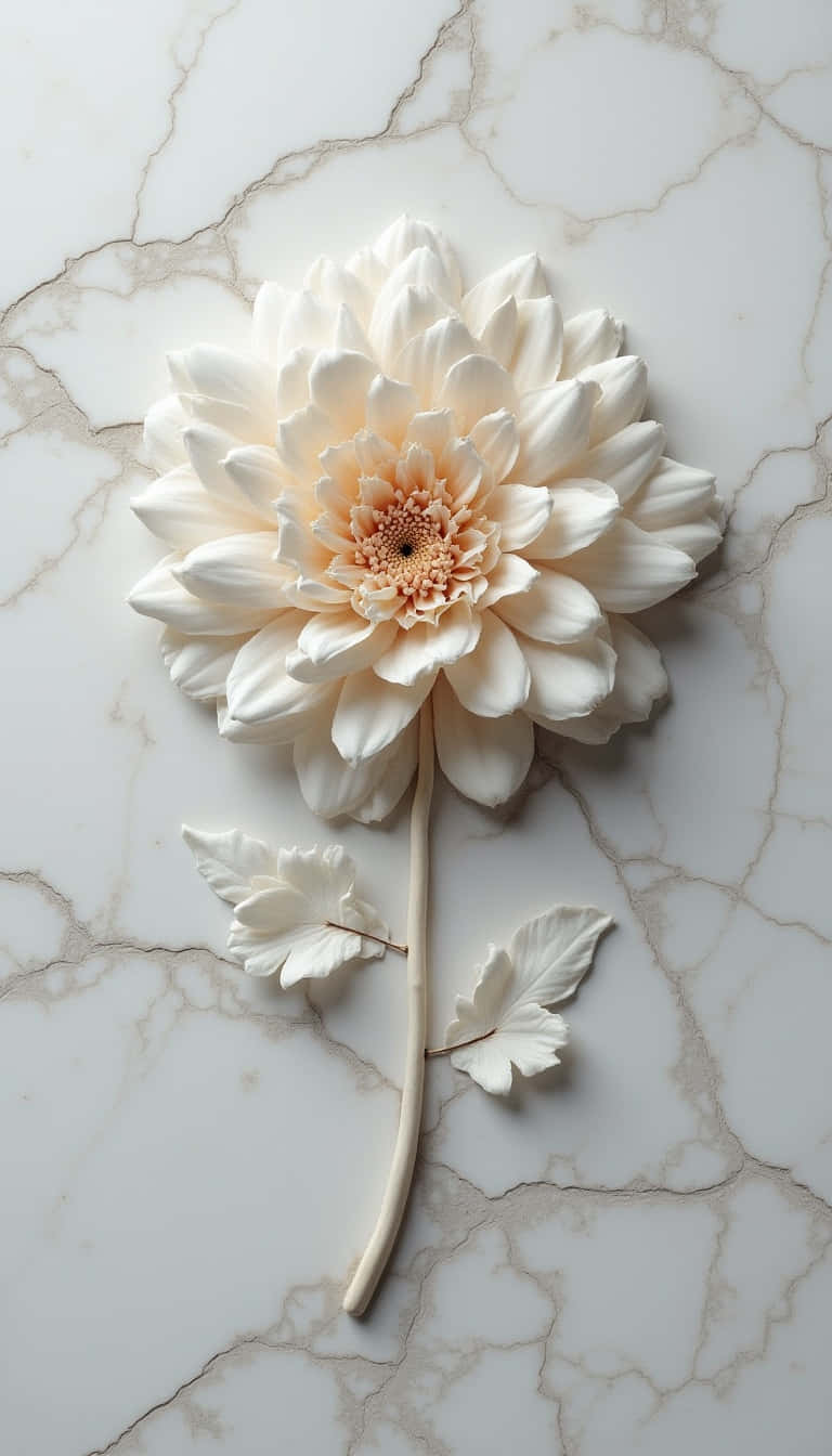 white dahlia, peach center, veined marble surface, HD Phone Wallpaper