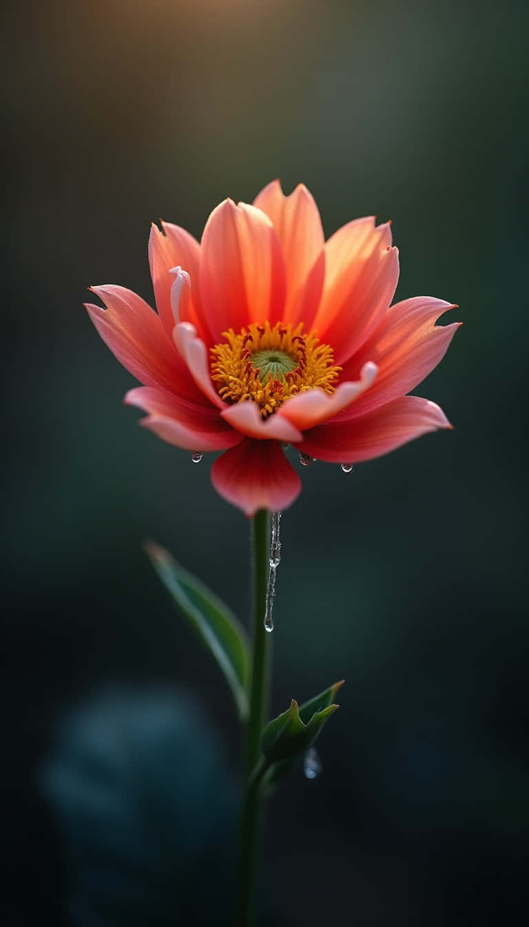 coral dahlia, dew drops, dark blurred background, HD Phone Wallpaper