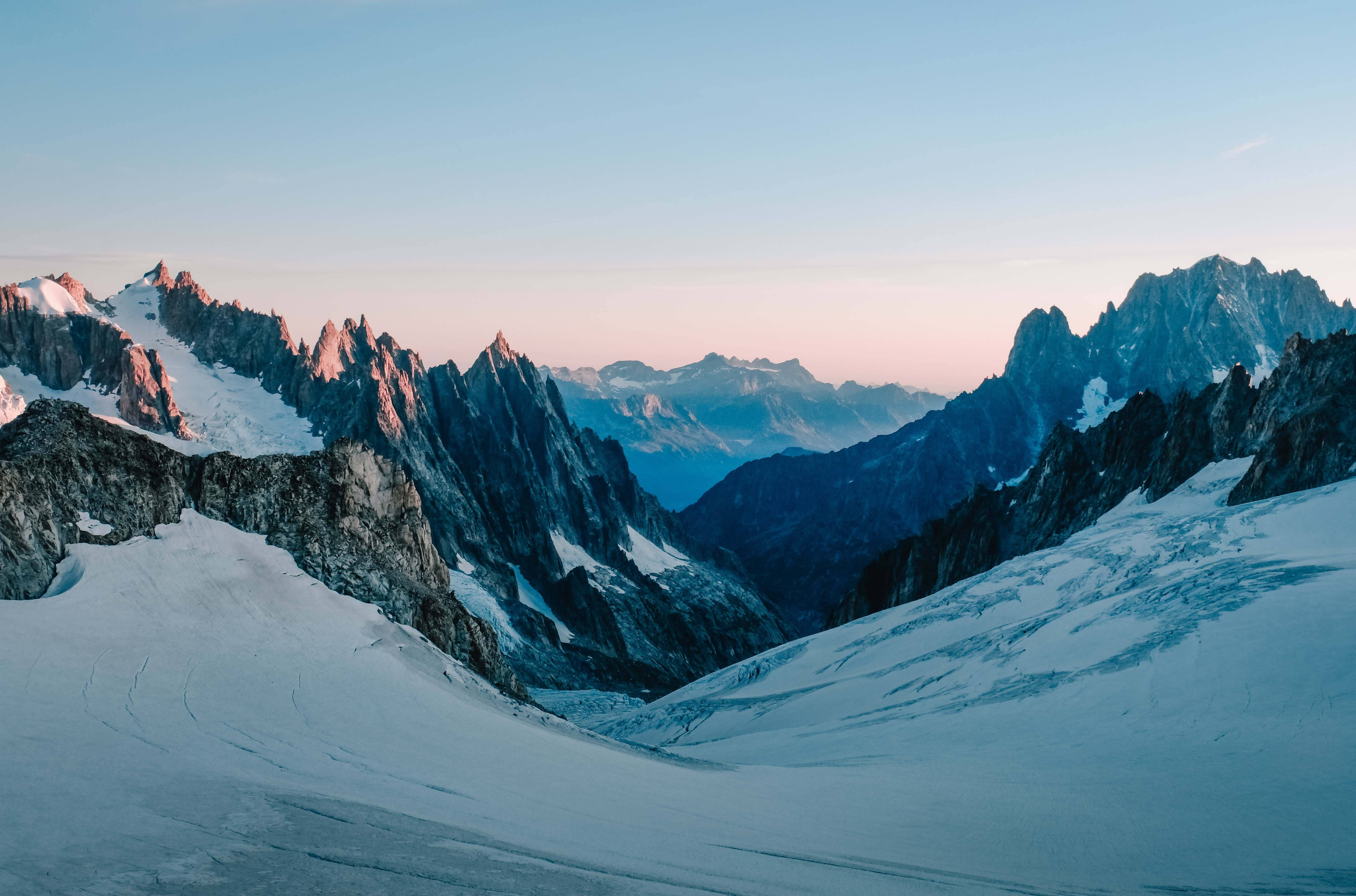 Snow Mountains, pink, gold, 5K Desktop Wallpaper
