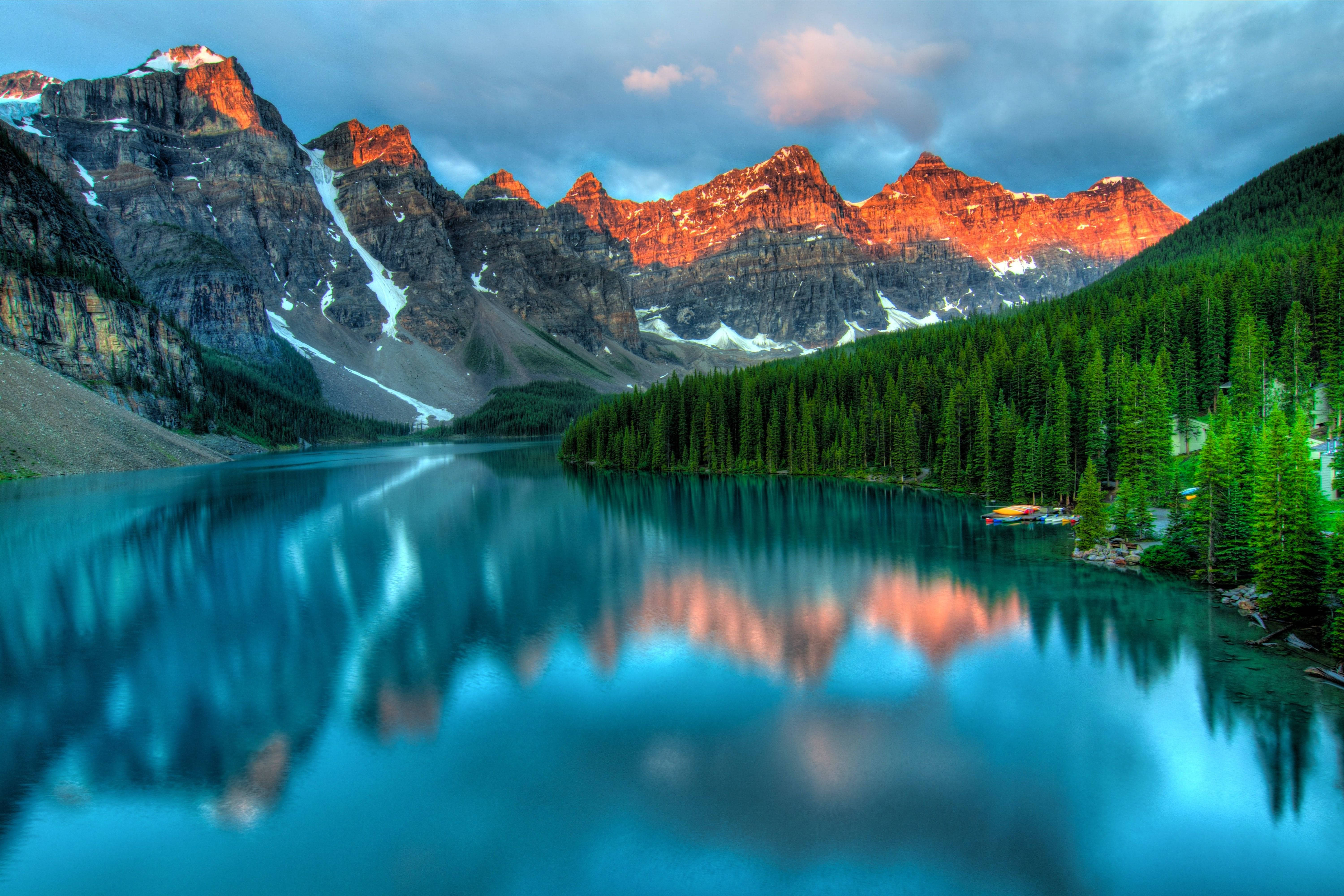 alpine lake, snow-capped peaks, sunset hues, 5K Desktop Wallpaper