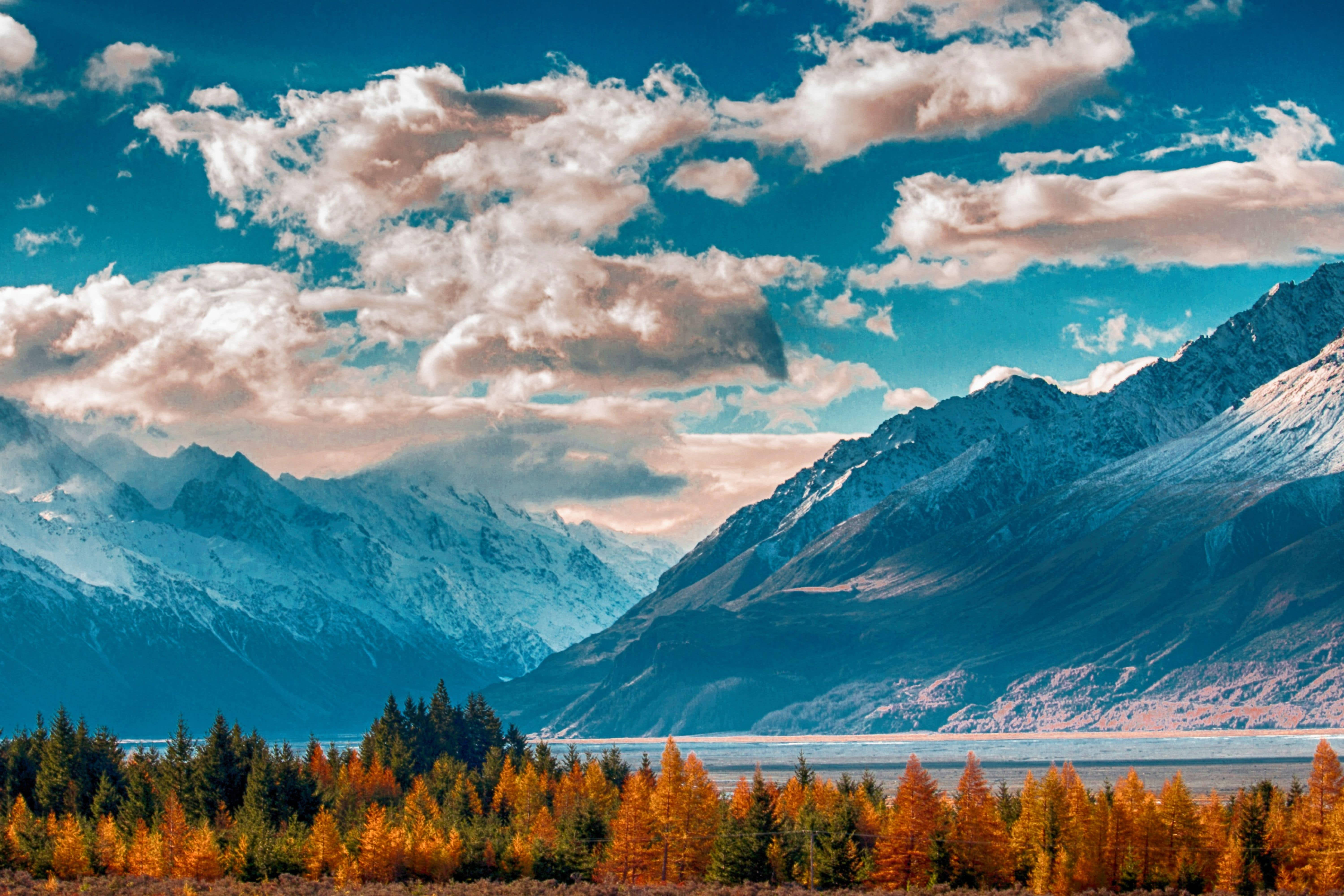 snowcapped mountains, lake, autumn trees, 5K Desktop Wallpaper