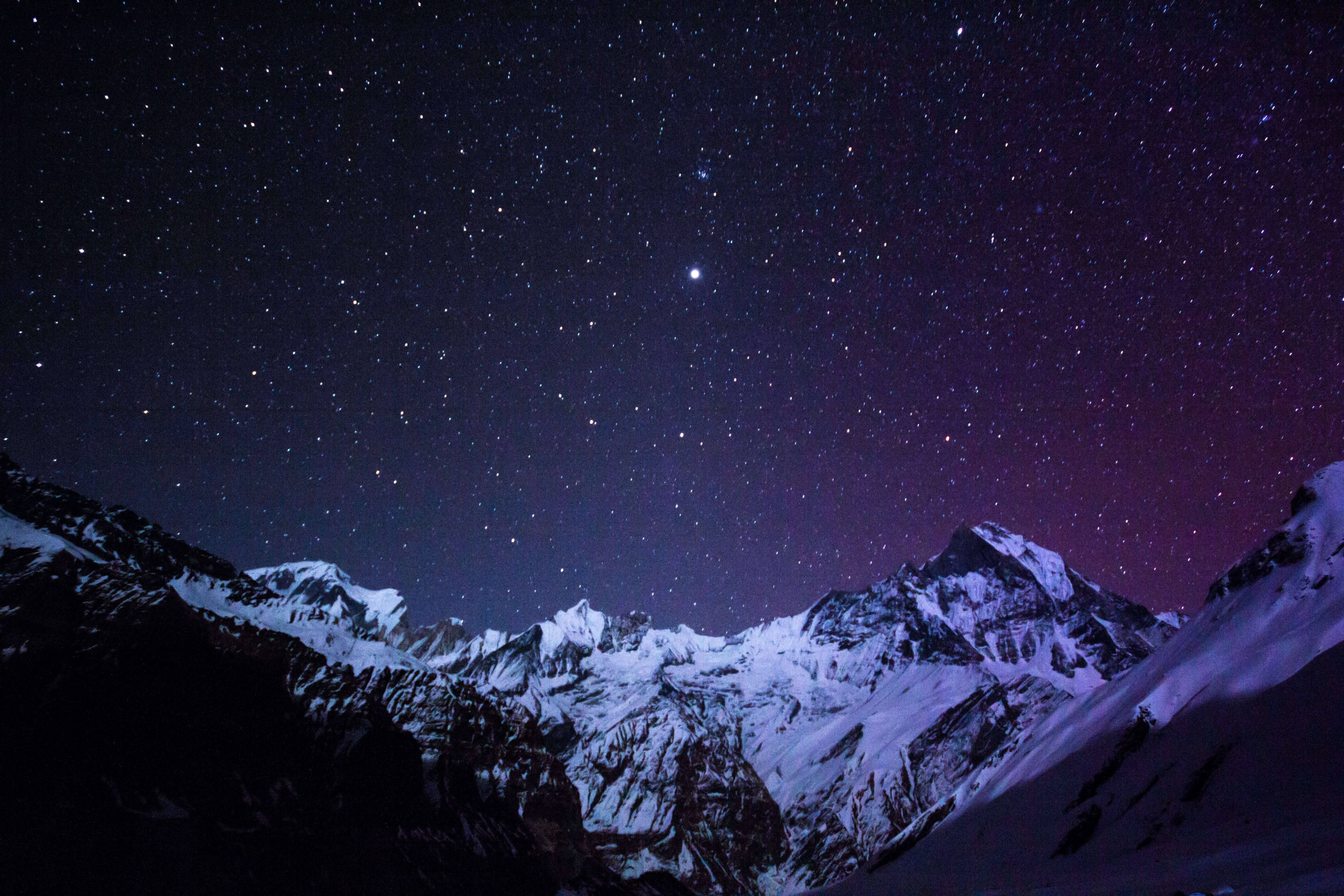 snowcapped mountain peaks, starry night sky, purple auroras, 5K Desktop Wallpaper