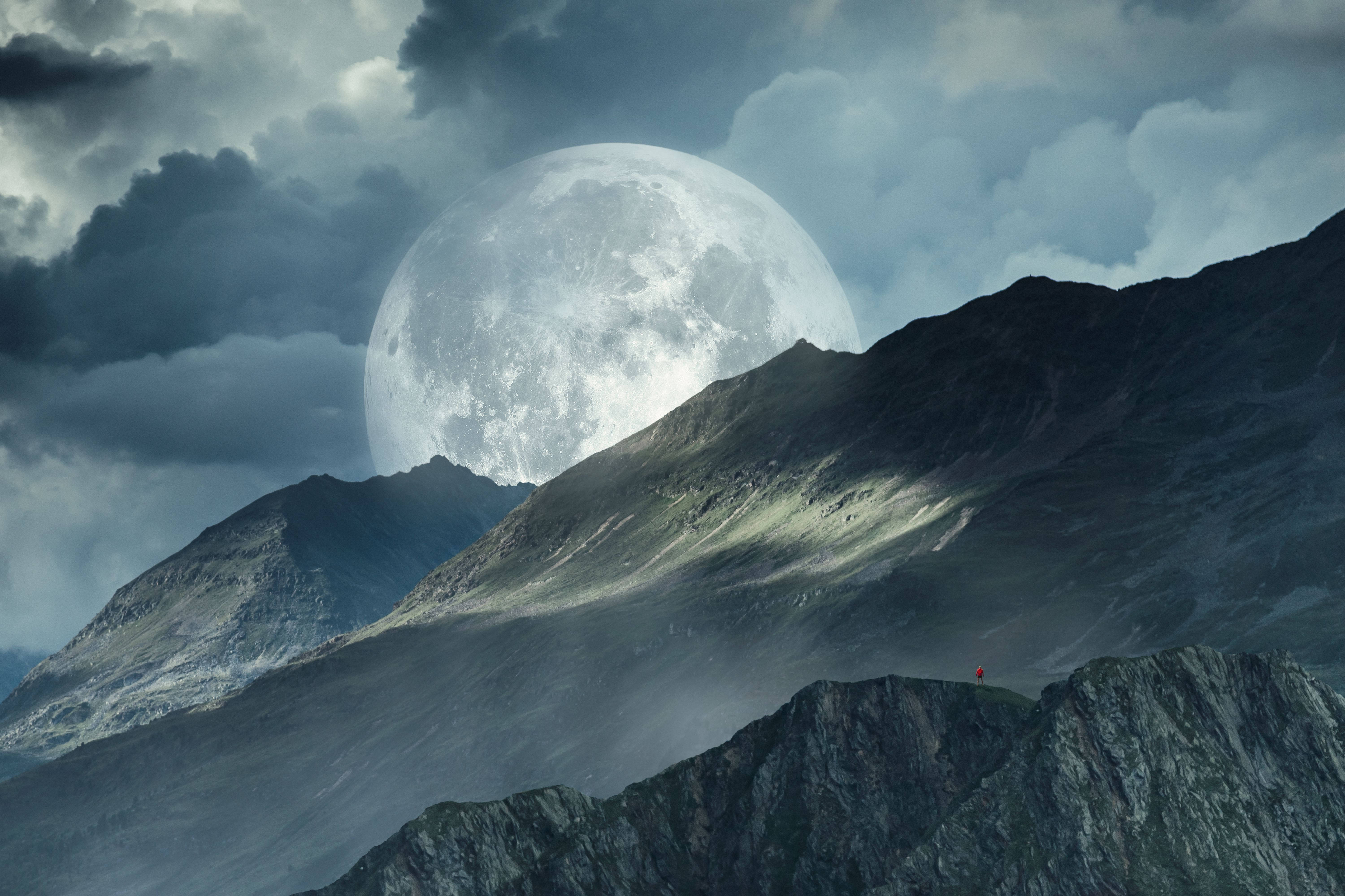 Full Moon, jagged mountain ridge, stormy clouds, 5K Desktop Wallpaper