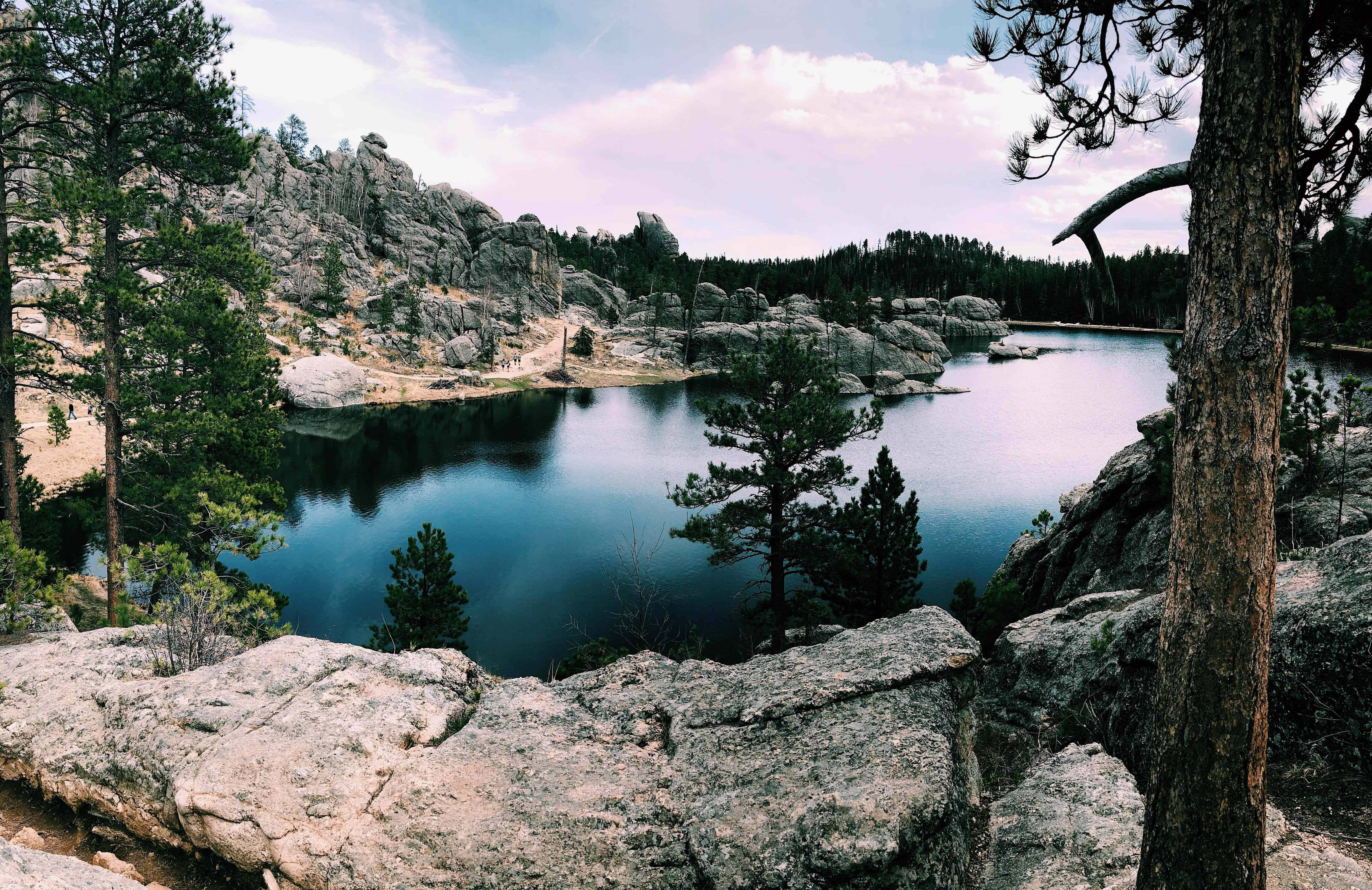 mountain lake, cloudy sky, pine trees, 5K Desktop Wallpaper