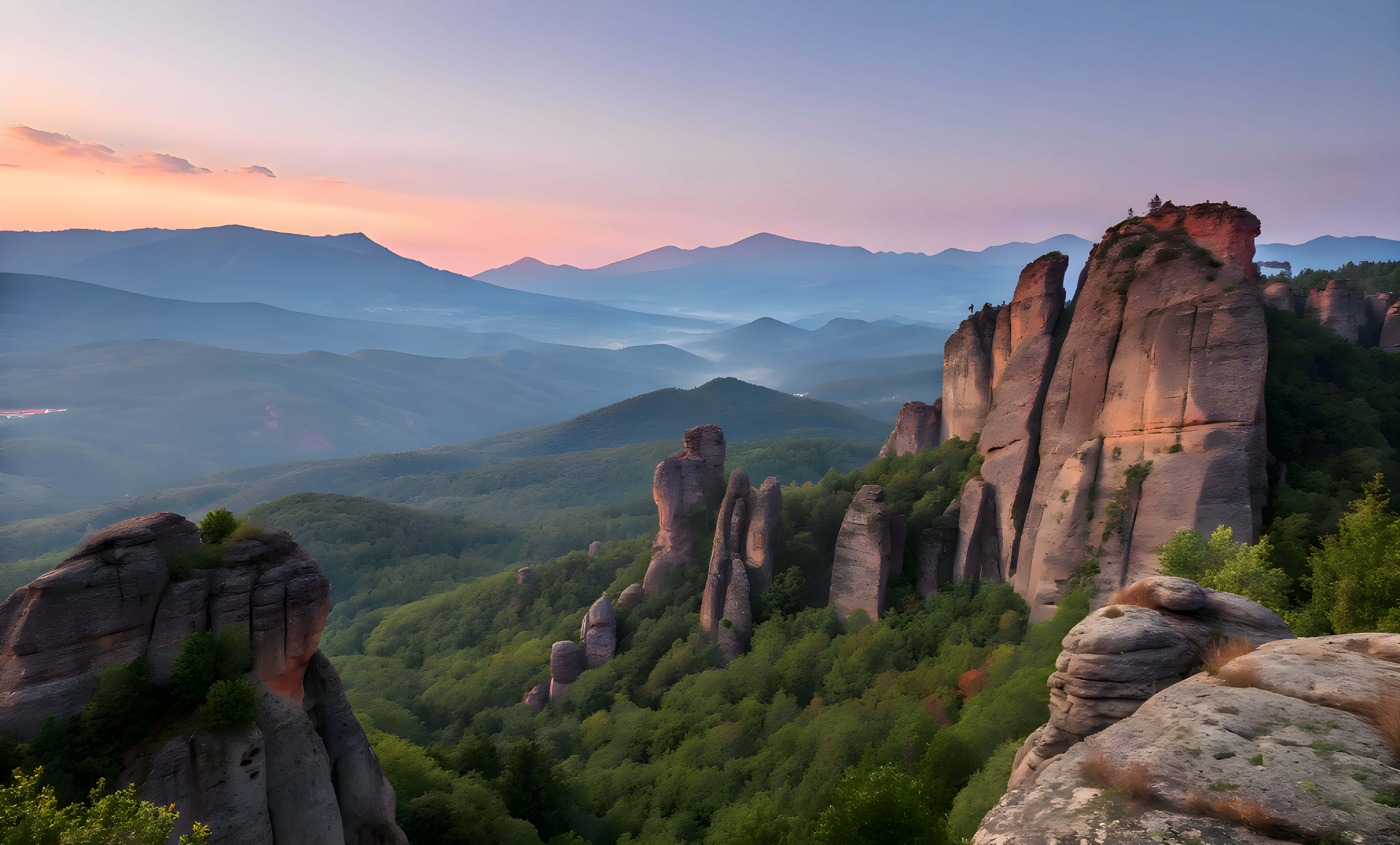 sunrise, towering sandstone rock formations, warm light, 8K Desktop Wallpaper