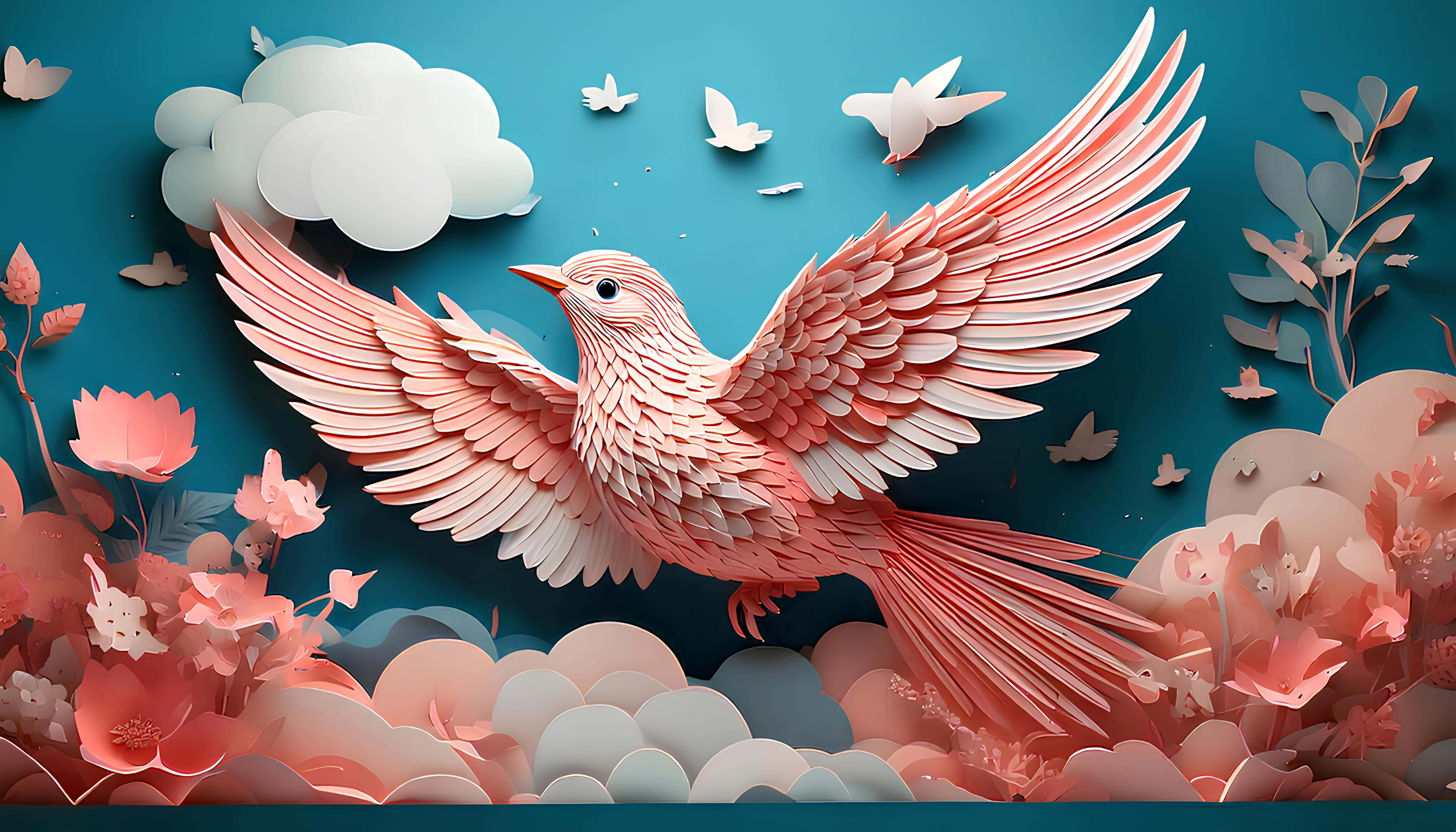 pink bird, teal sky, layered clouds, 5K Desktop Wallpaper