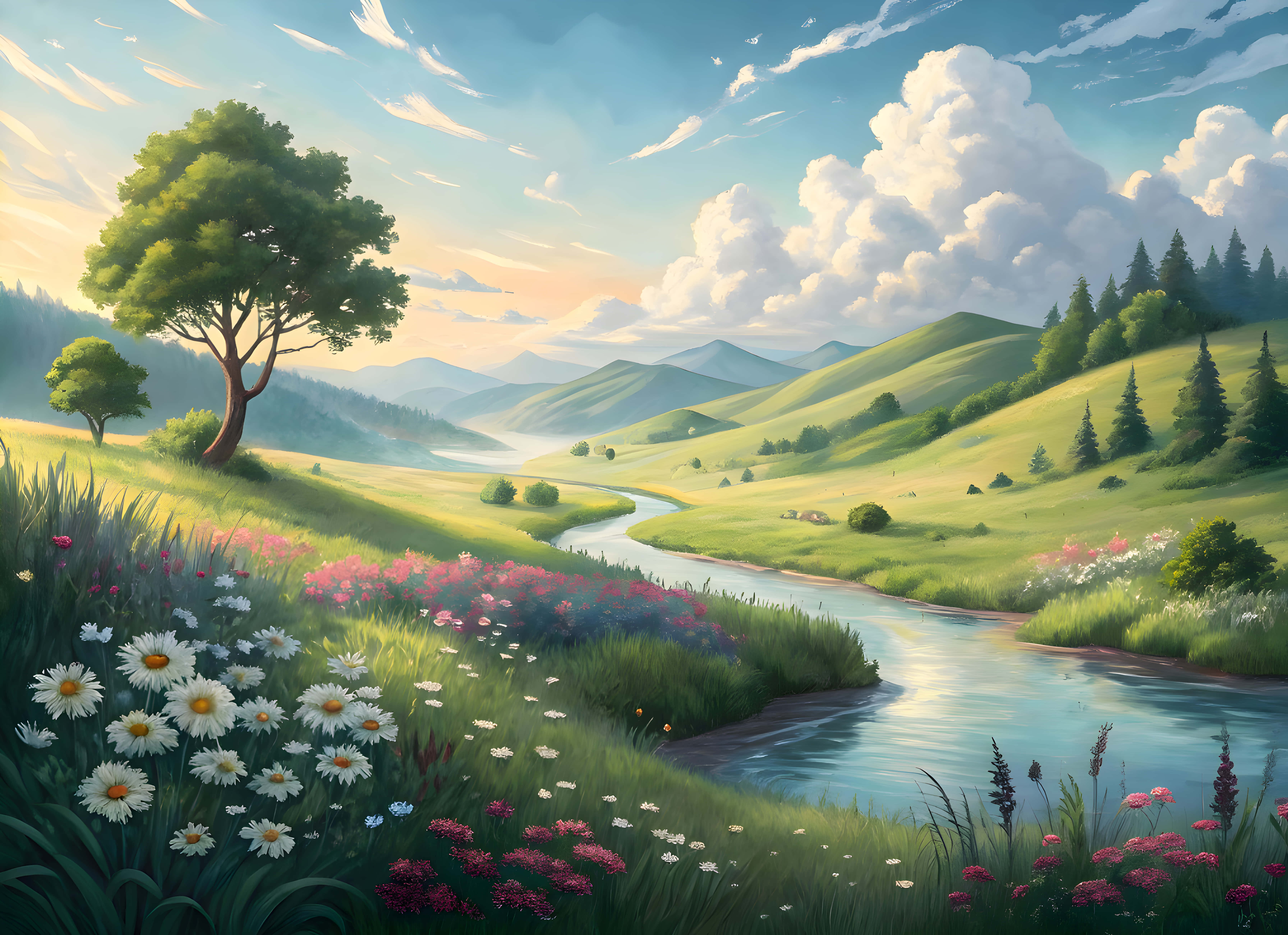 hill, river, wildflowers, 5K Desktop Wallpaper