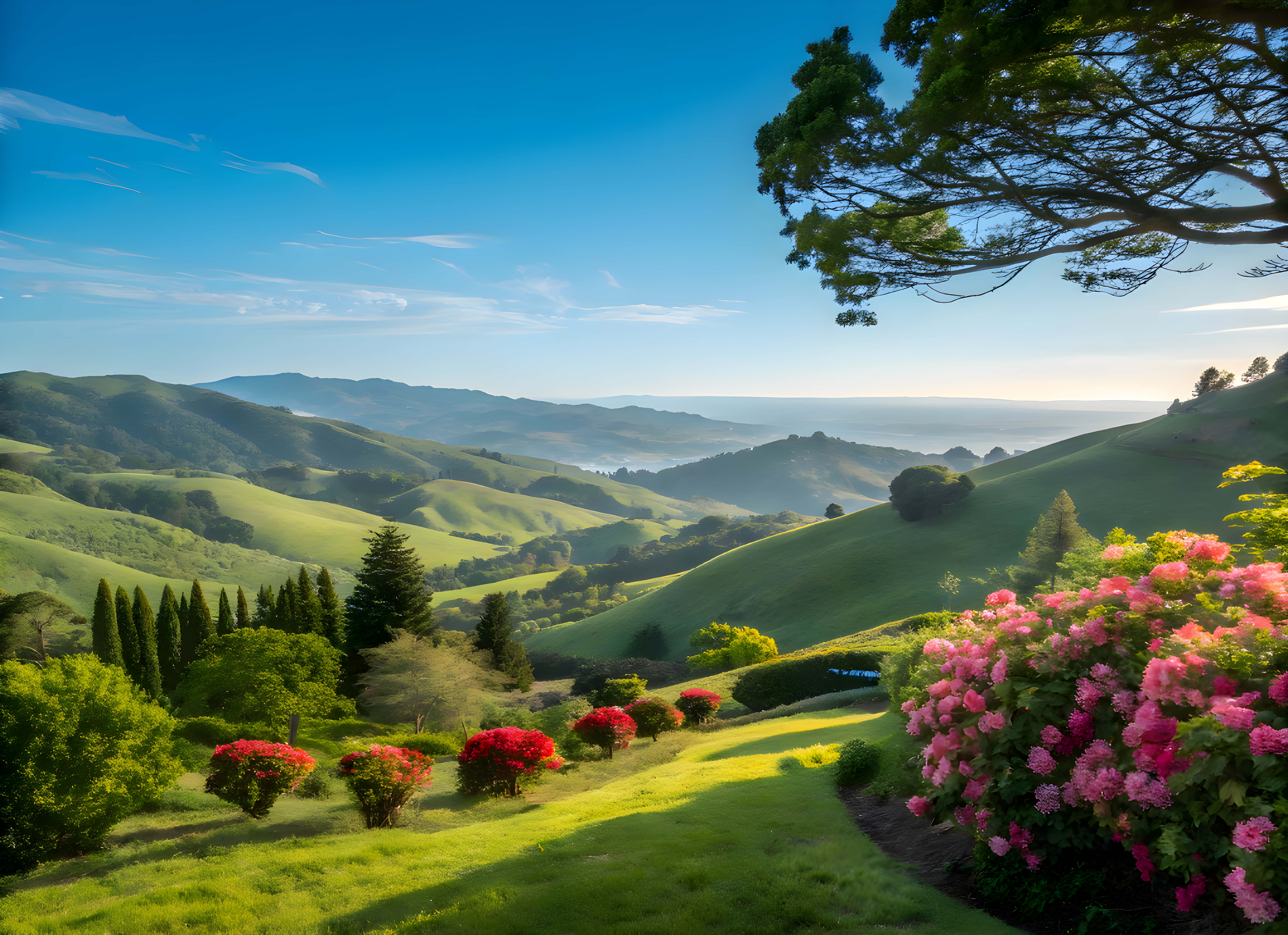mountain, sunlit grassy hillside, rolling green valleys, 5K Desktop Wallpaper