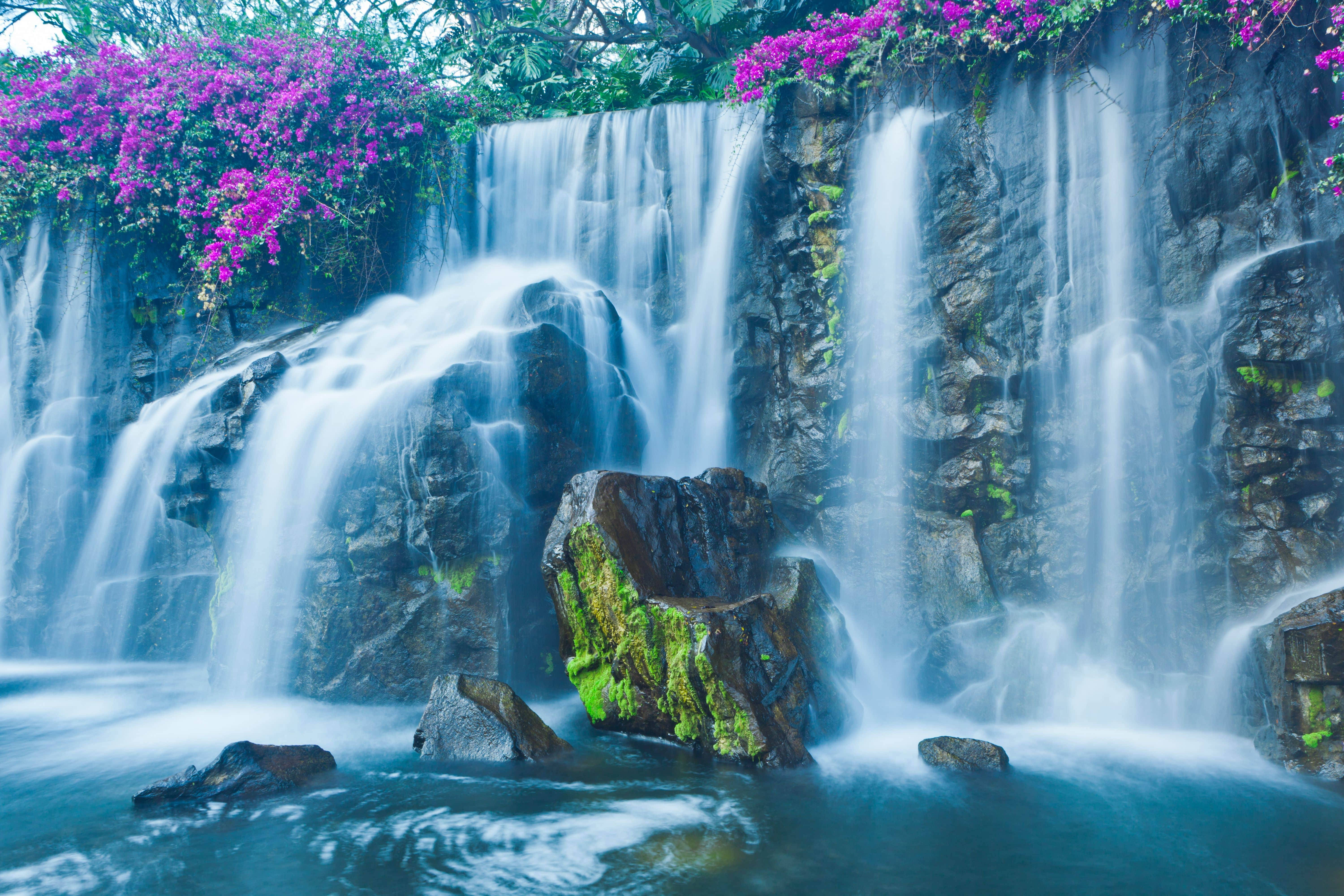 sunset, waterfall, mossy rocks, 5K Desktop Wallpaper