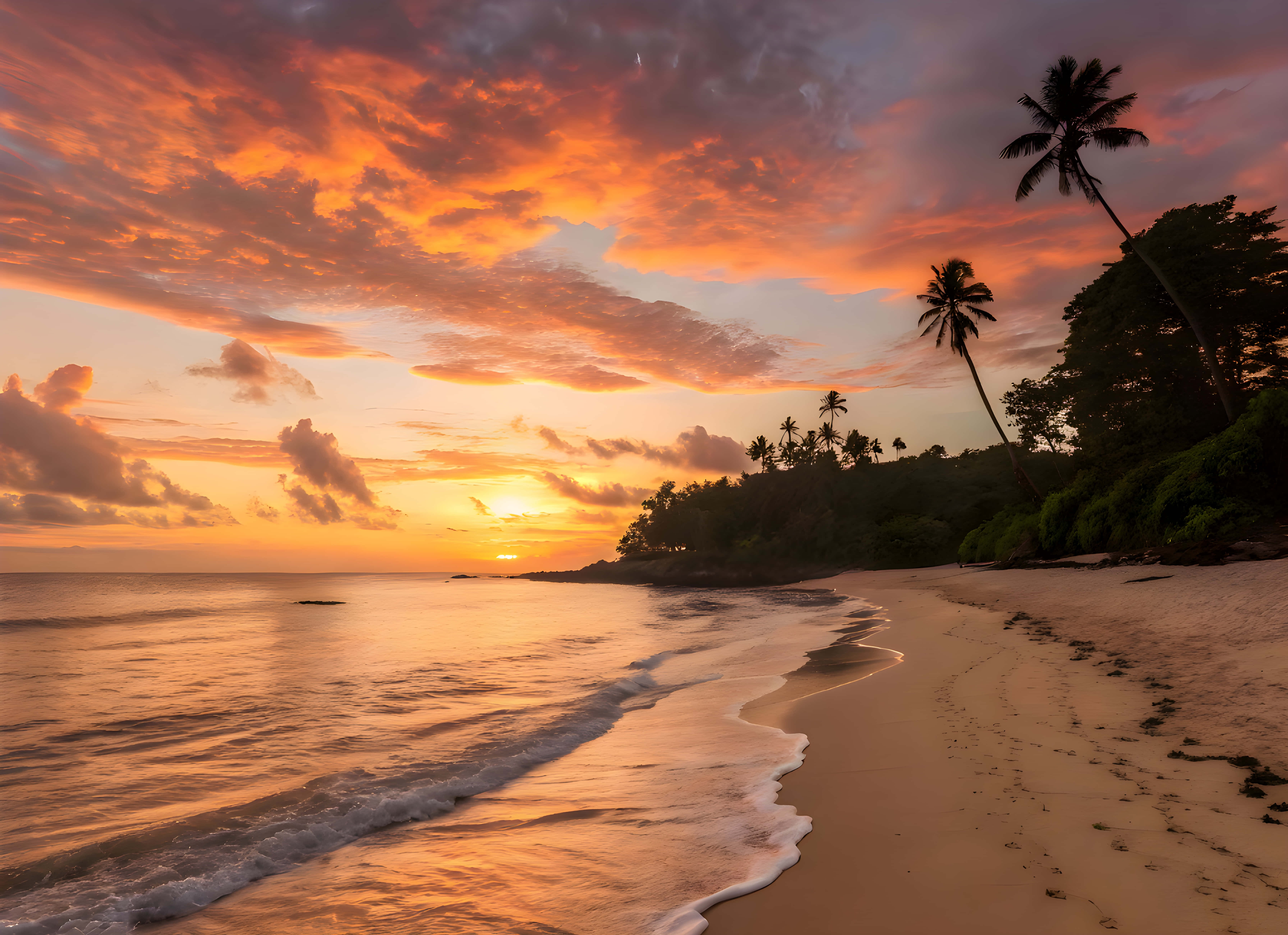 sunset, sea beach, fiery orange, 5K Desktop Wallpaper