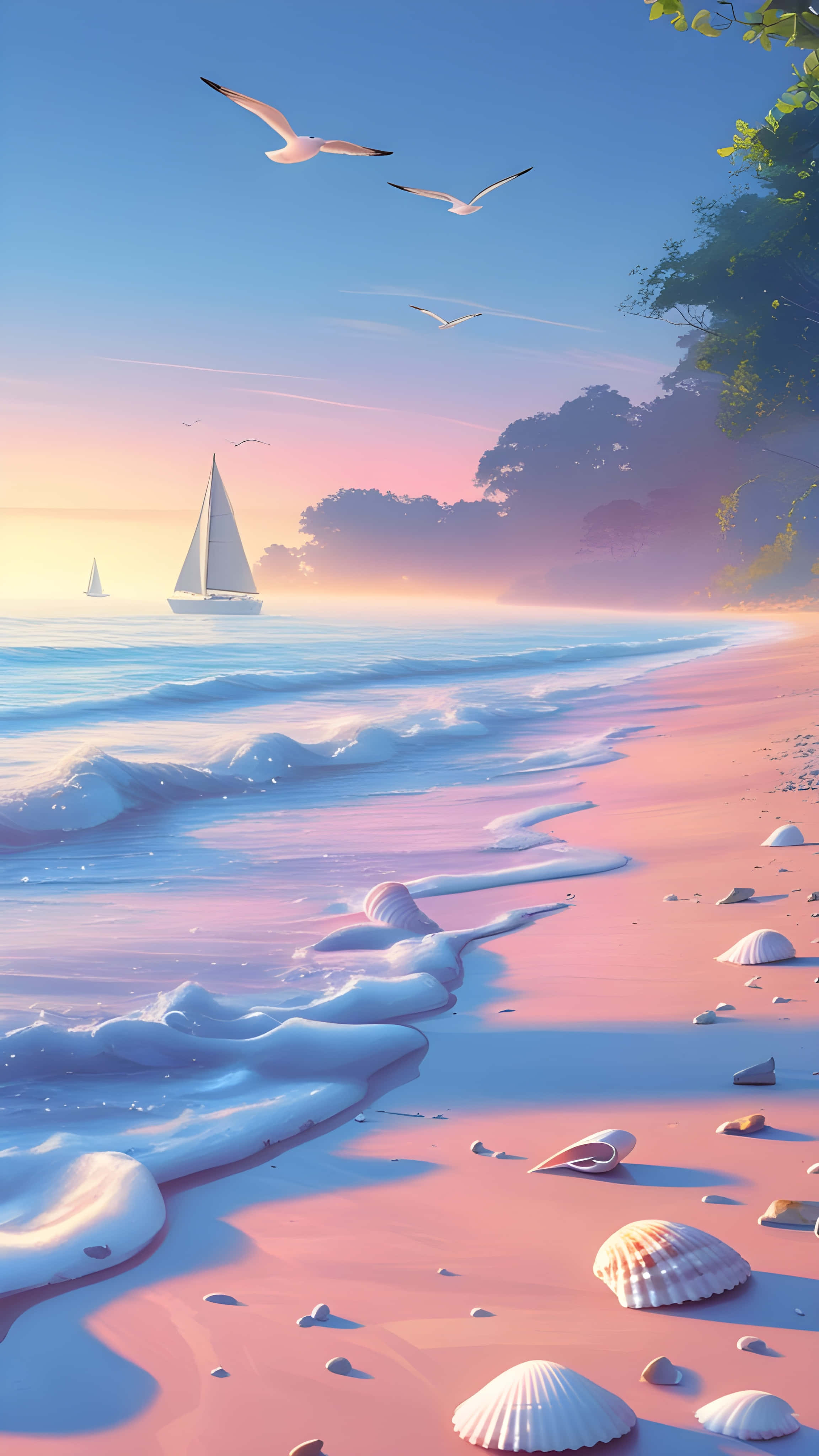 pink sand beach, sunrise, gentle waves, 4K Phone Wallpaper