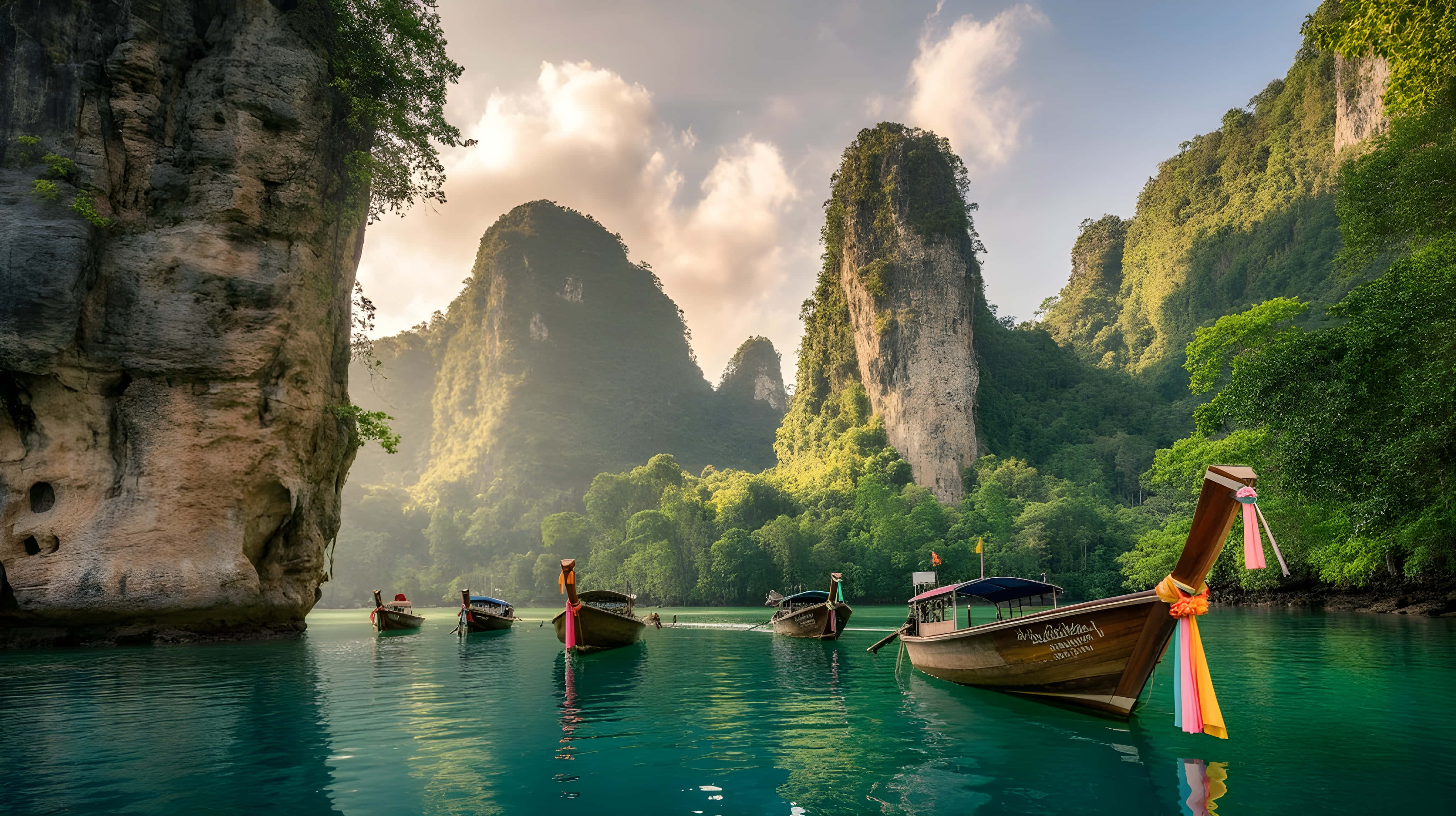 limestone karst, traditional longtail boat, turquoise waters, 4K Desktop Wallpaper