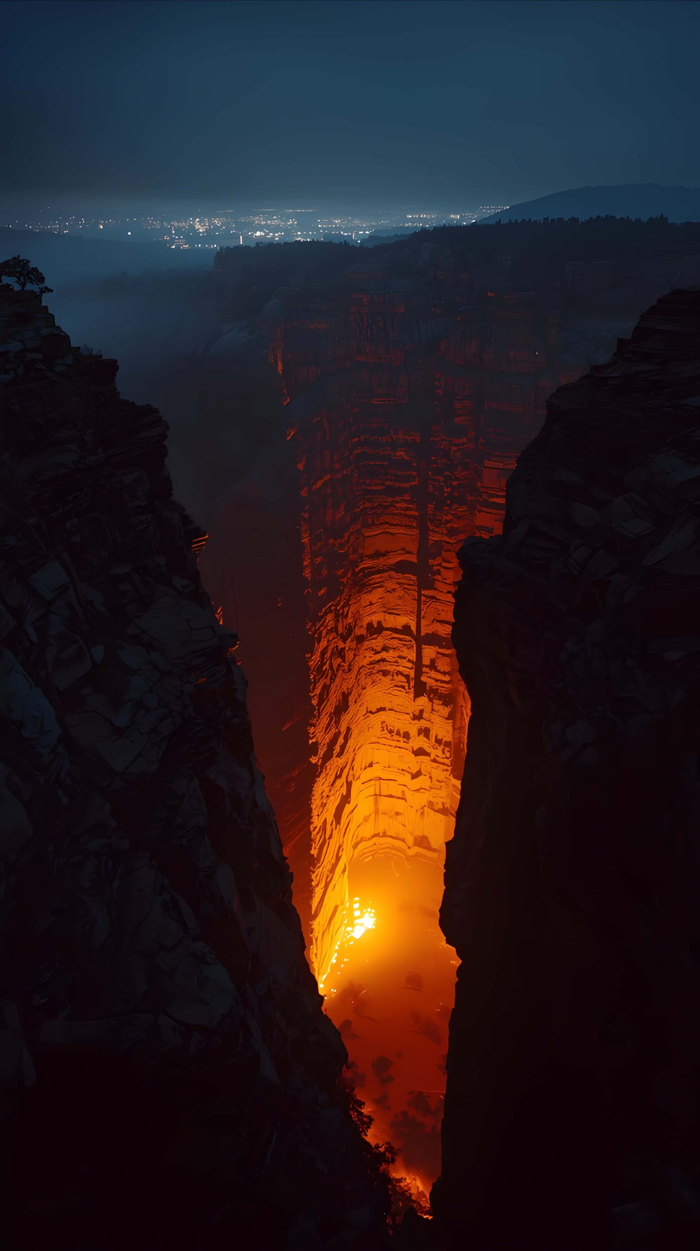 mystical canyon, dusk, fiery orange light, 4K Phone Wallpaper