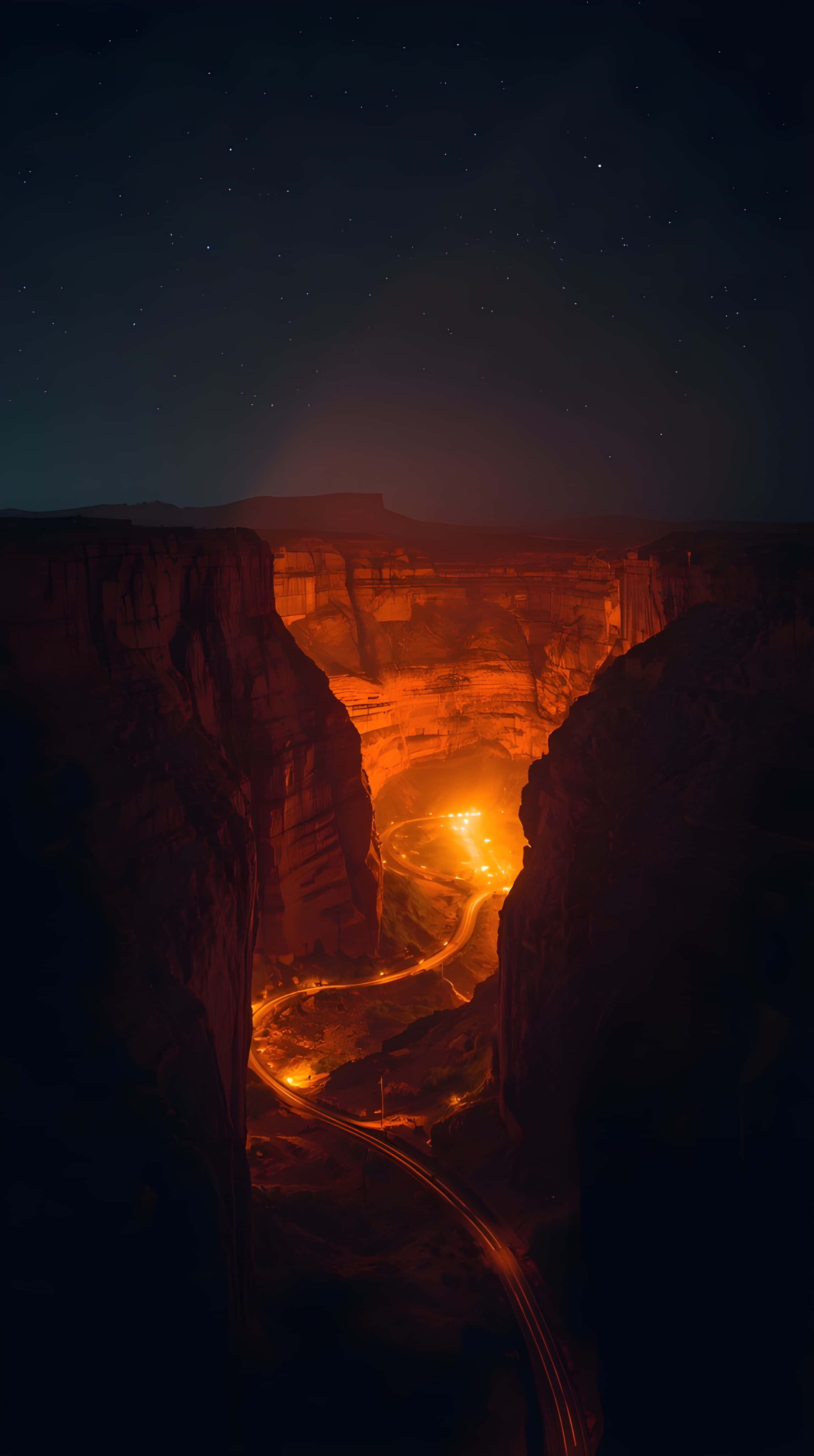 winding road, warm orange lights, deep canyon, 4K Phone Wallpaper