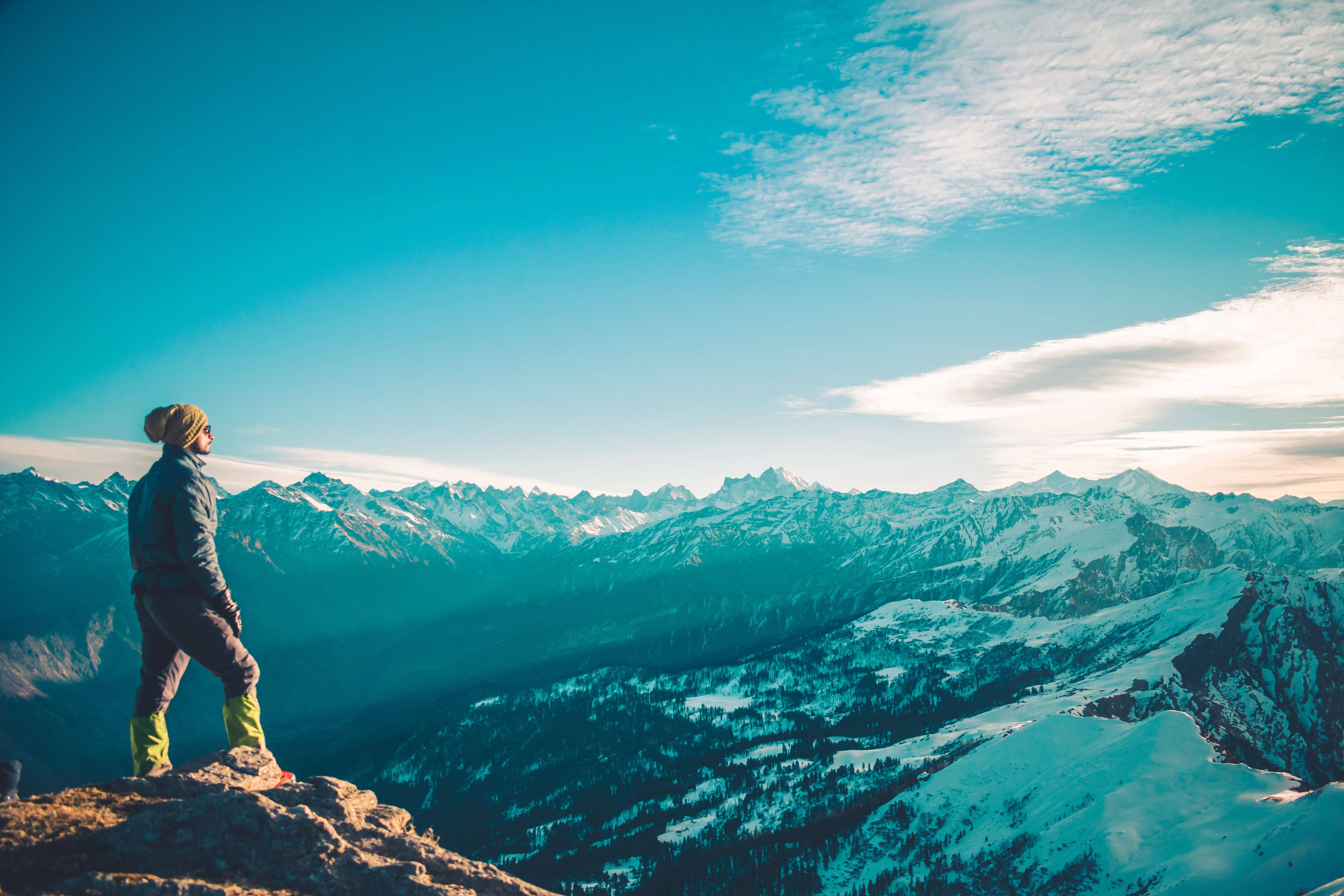 snowy mountain ridge, alpine valley, clear blue sky, 5K Desktop Wallpaper