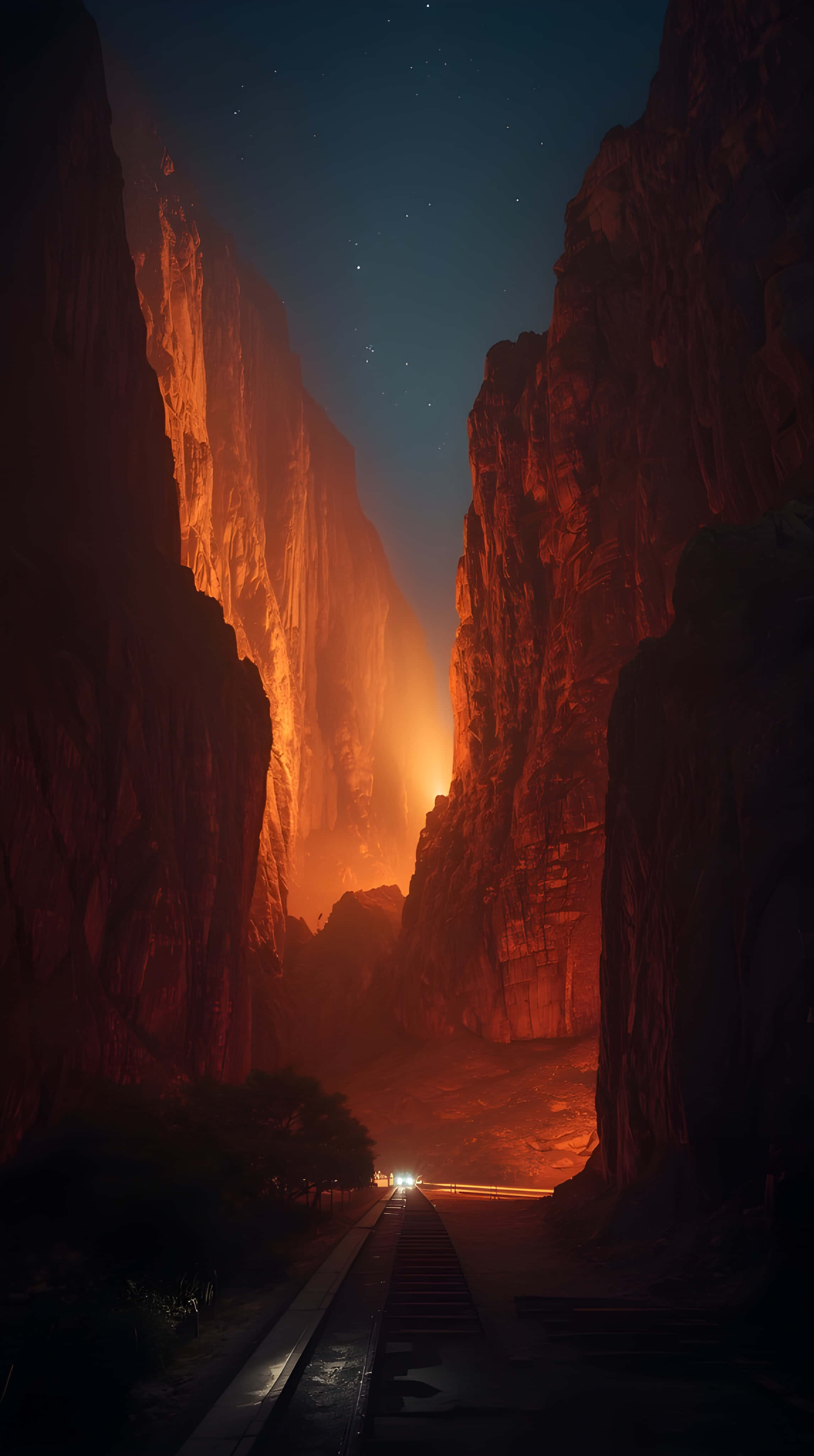 glowing canyon, train, fiery orange light, 4K Phone Wallpaper