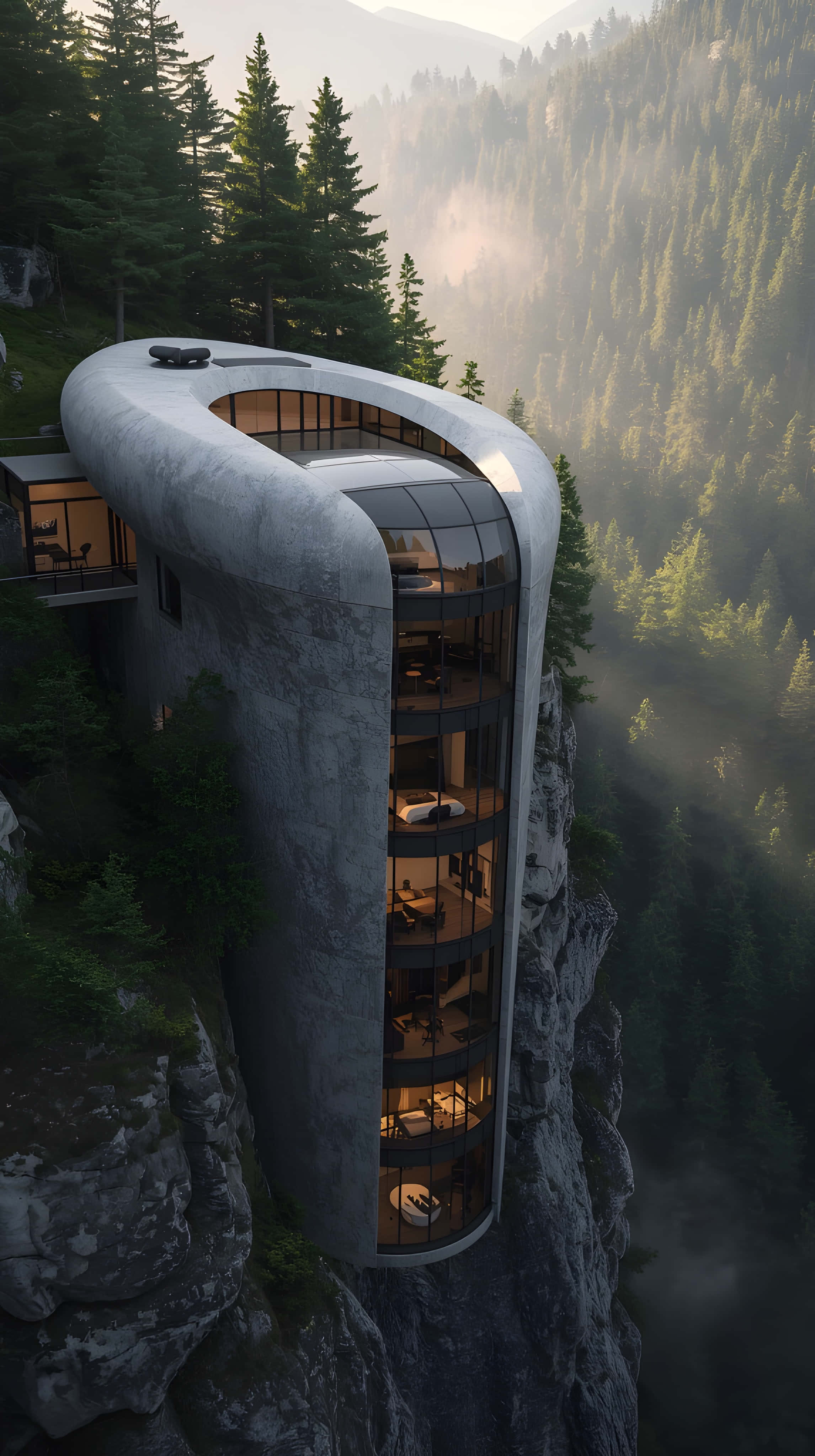 curved concrete and glass house, cliffside, misty forest valley, 4K Phone Wallpaper