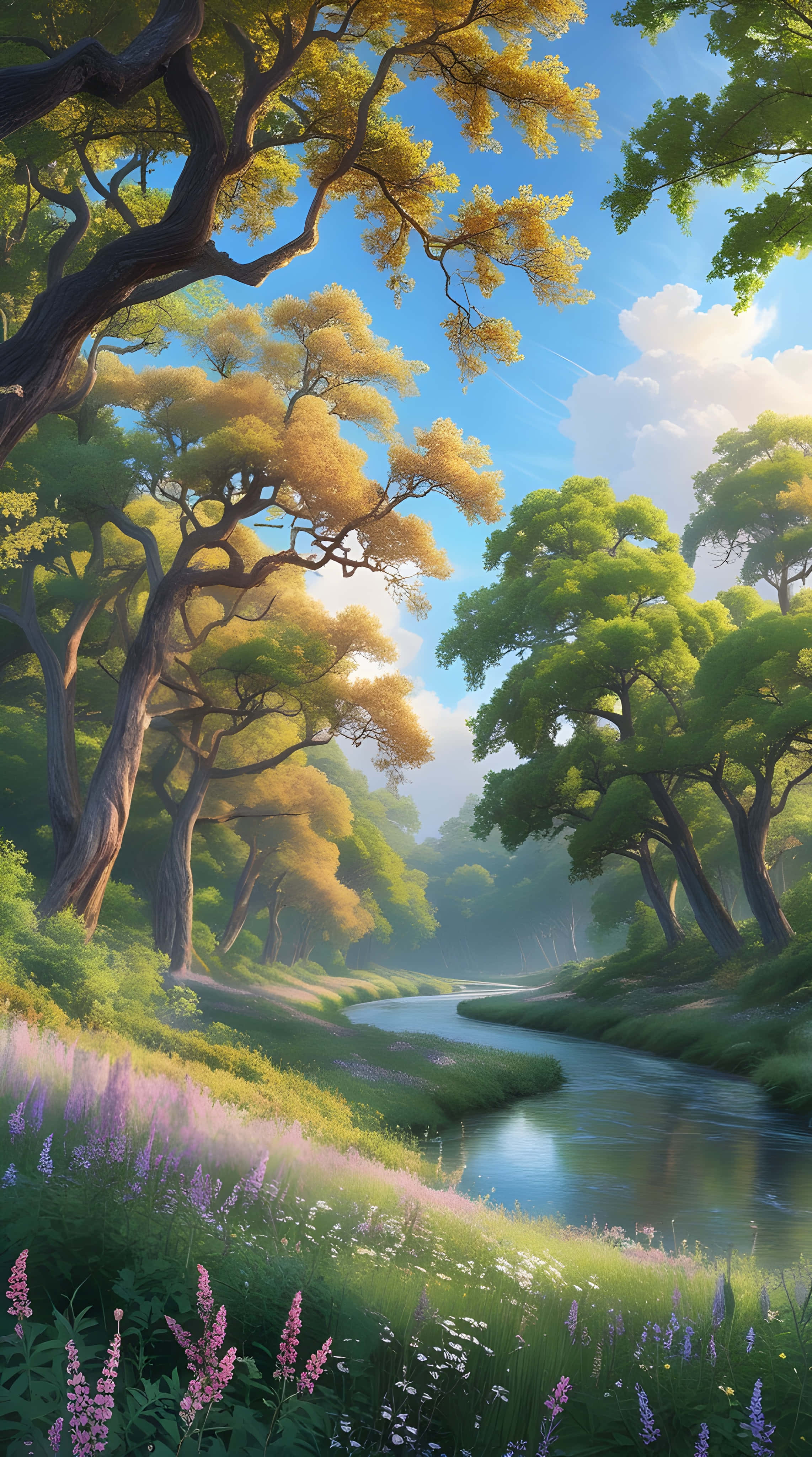 forest, river, golden trees, 4K Phone Wallpaper