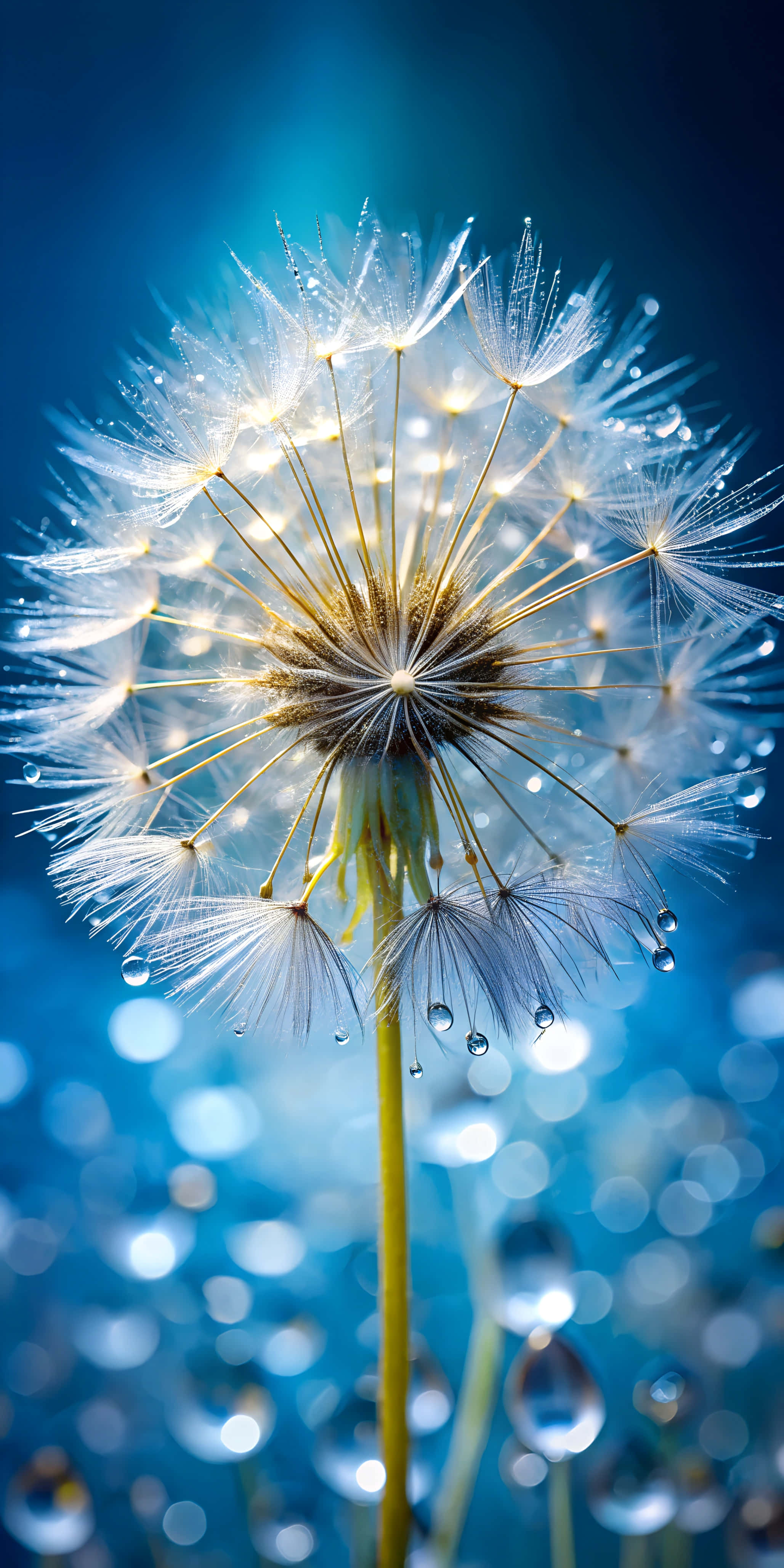 dandelion seed head, dewdrops, vibrant blue bokeh background, 4K Phone Wallpaper